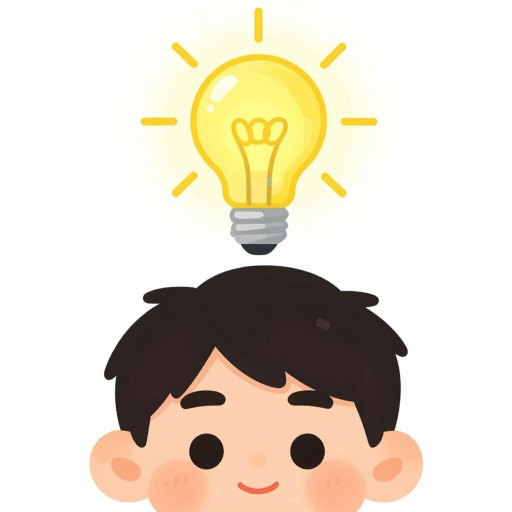 人の頭の上に明るく光る小さな黄色い電球が輝いている、風変わりなイラスト。