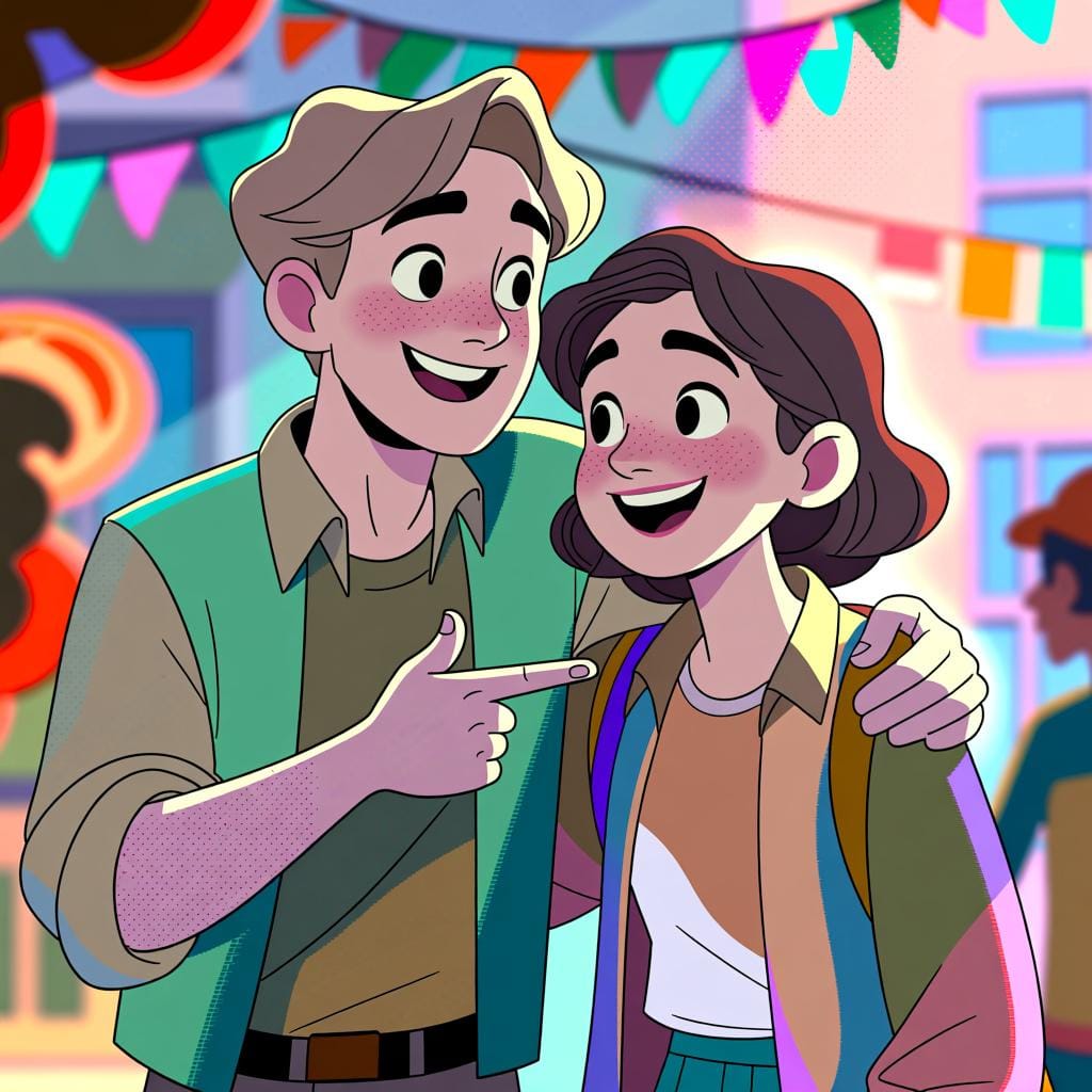 A person introducing a friend who is standing beside them with an arm around their shoulder.