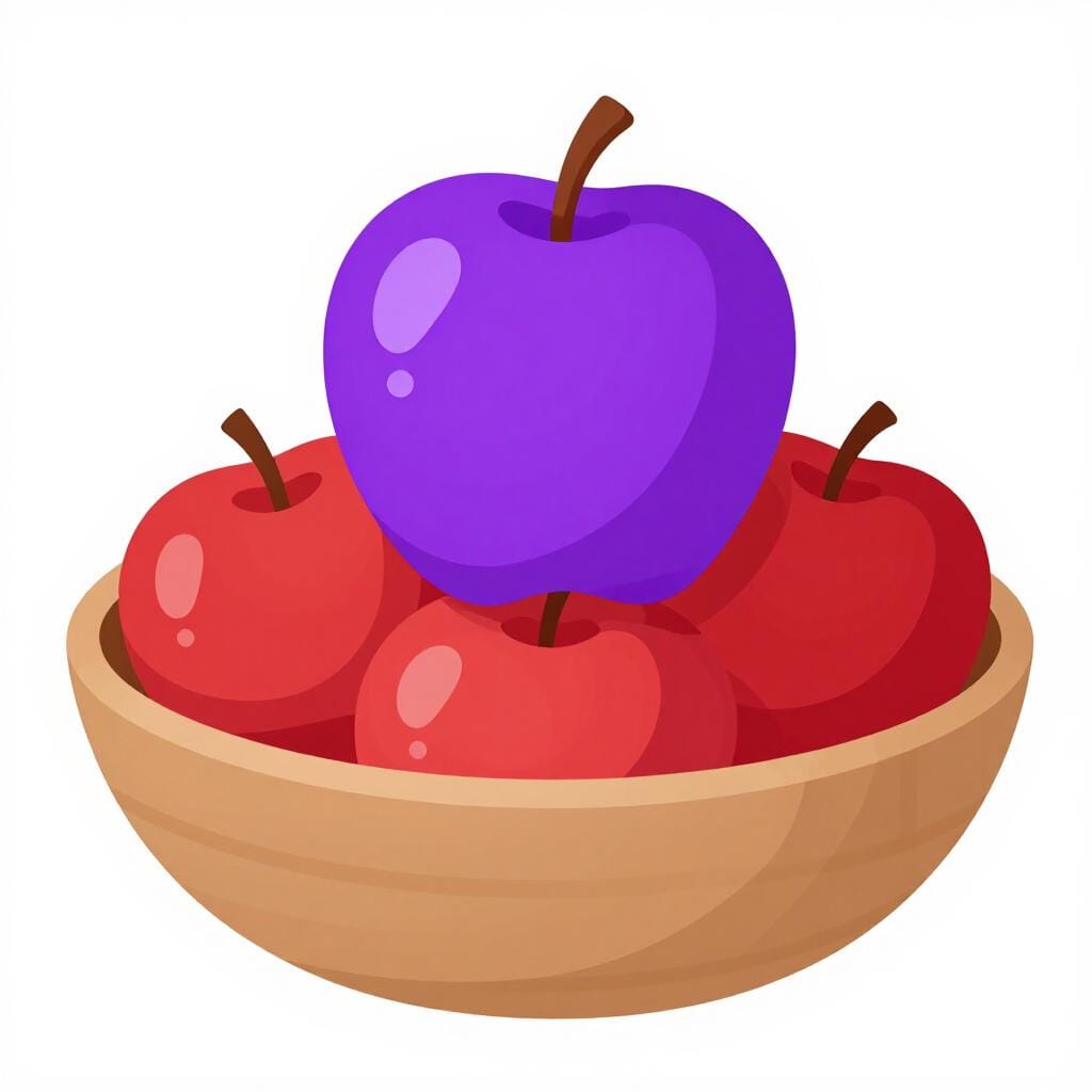 Uma única maçã roxa brilhante sentada numa tigela de madeira cheia de maçãs vermelhas comuns.