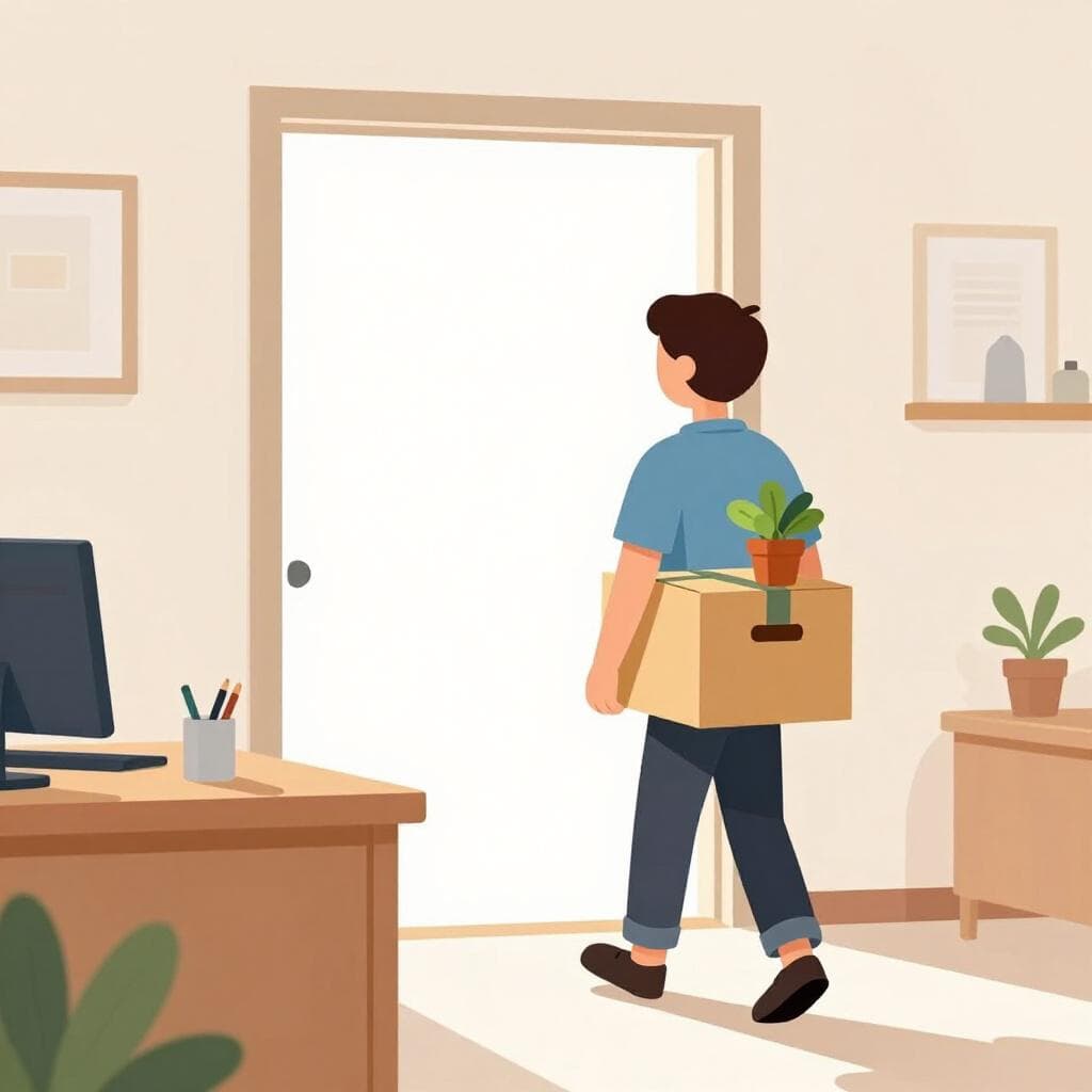 Uma pessoa carregando uma caixa de papelão cheia de material de escritório, afastando-se de uma mesa vazia em direção a uma porta aberta.