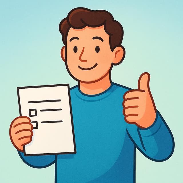 A smiling person giving a clear thumbs up gesture while holding a simple document, indicating that they have verified or confirmed the information.