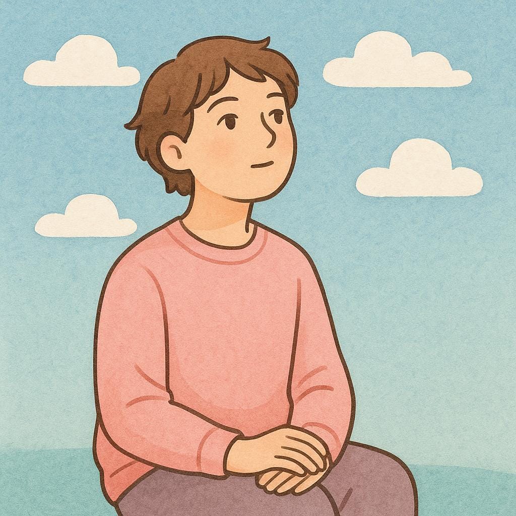 A person sitting peacefully, looking off into the distance with a thoughtful expression. Small, stylized white clouds gently float around their head, symbolizing being lost in thought.