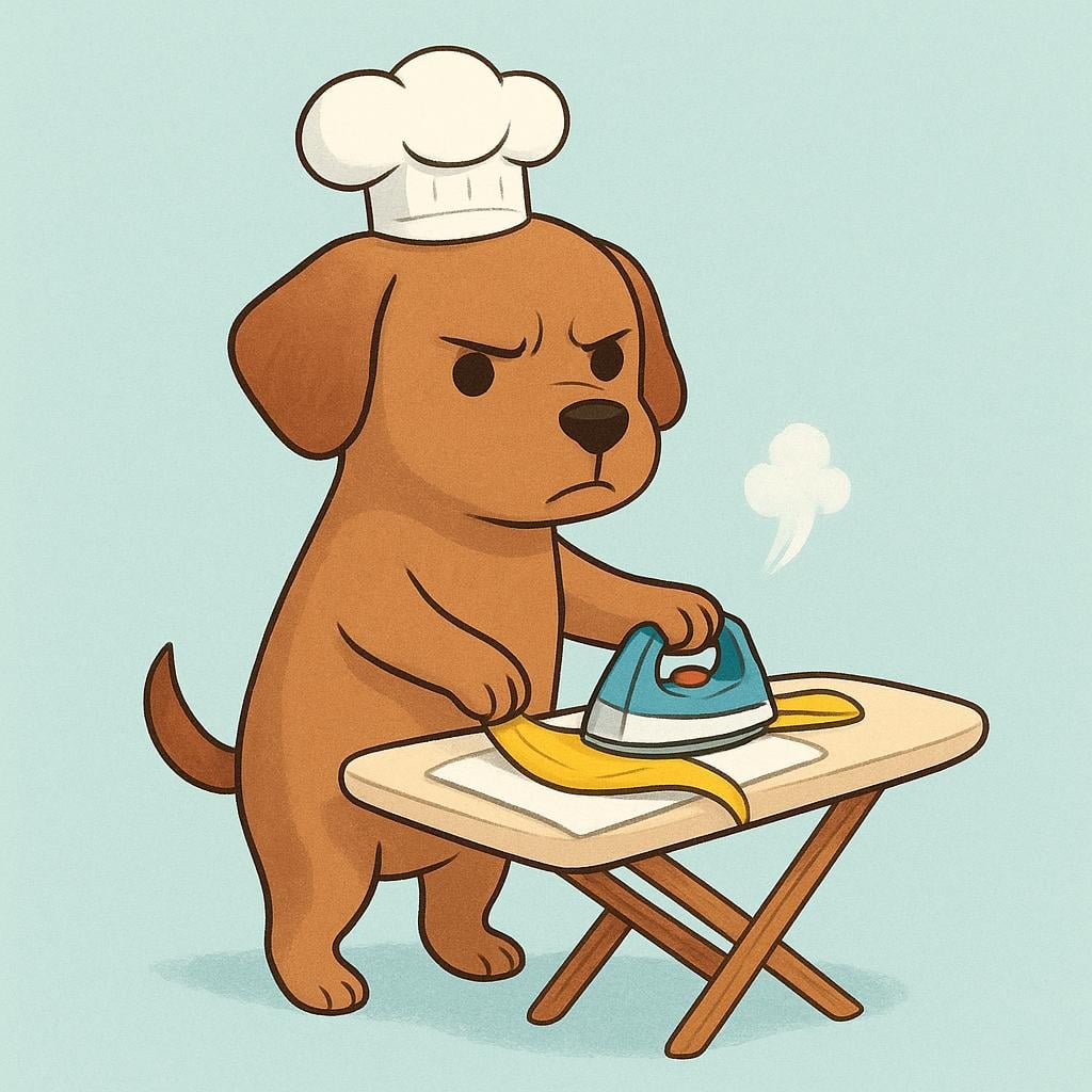 A small, serious brown dog wearing a miniature white chef's hat stands on its hind legs next to a tiny ironing board, carefully attempting to iron a yellow banana peel.