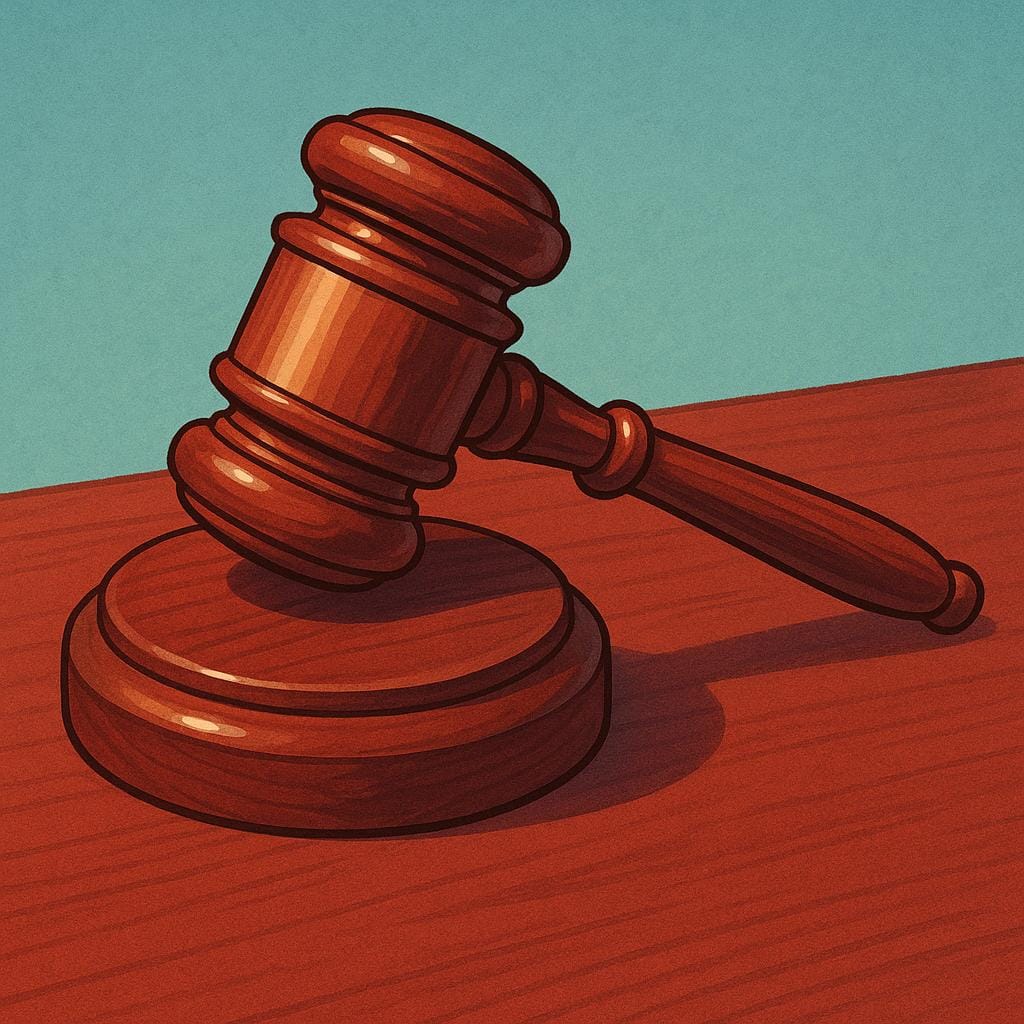 A close-up view of a judge's wooden gavel resting on a sound block.