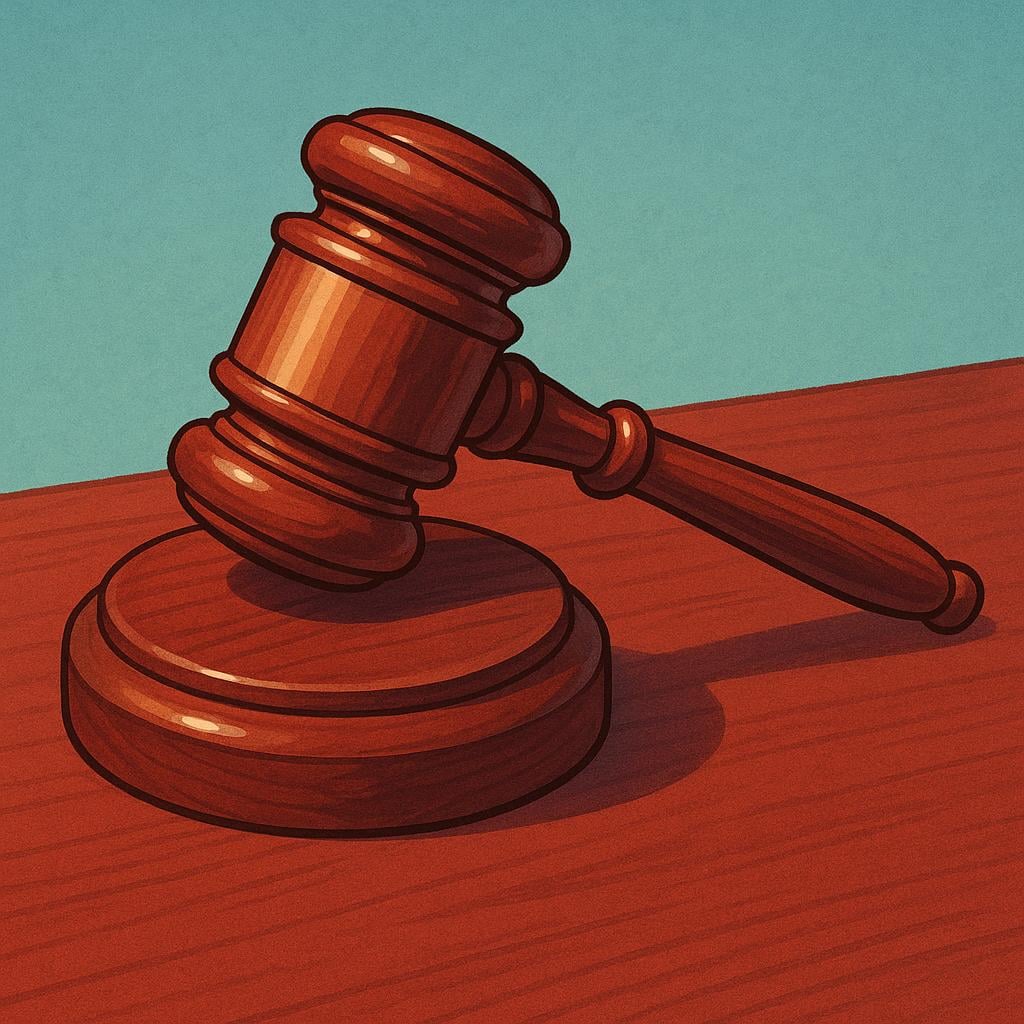 A close-up view of a judge's wooden gavel resting on a sound block.