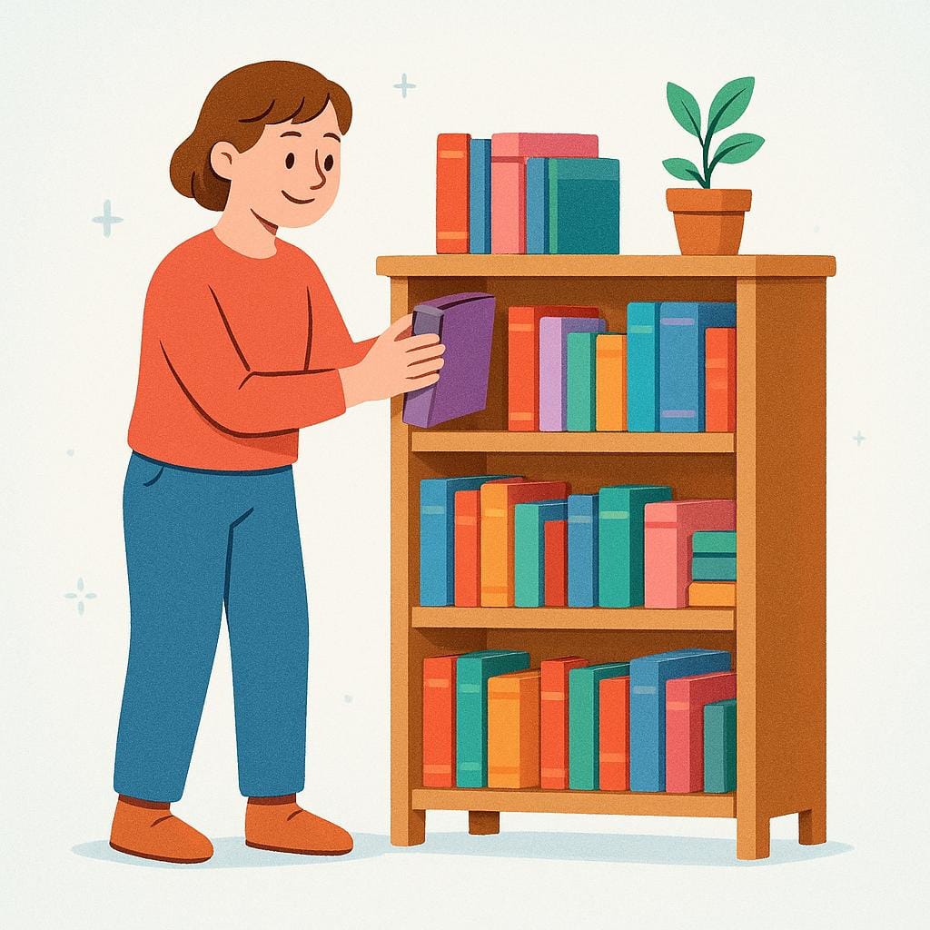 A cheerful person neatly stacking and arranging colorful objects, such as books or boxes, on a shelf, demonstrating organization.
