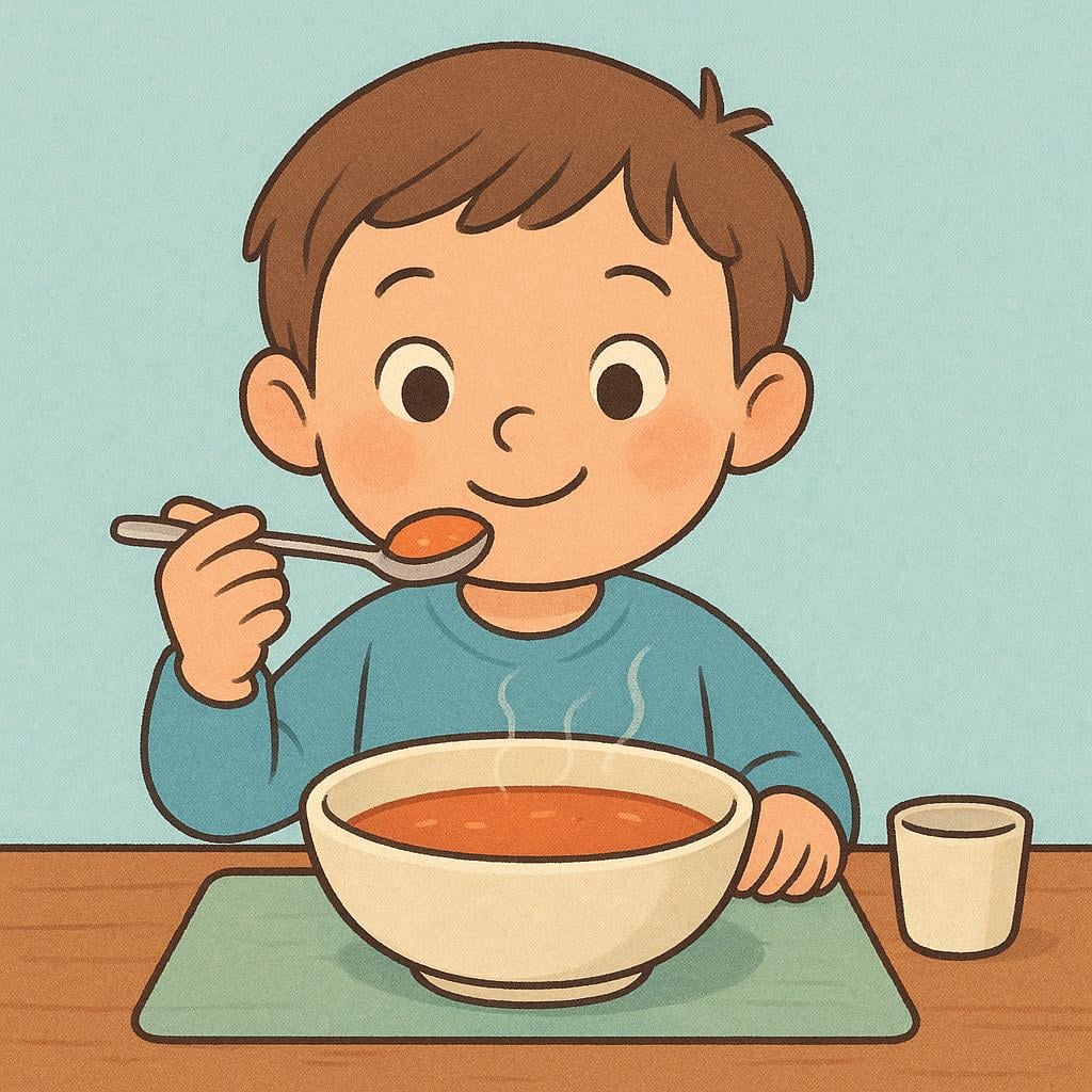 A child happily tasting a spoonful of brightly colored soup from a bowl.