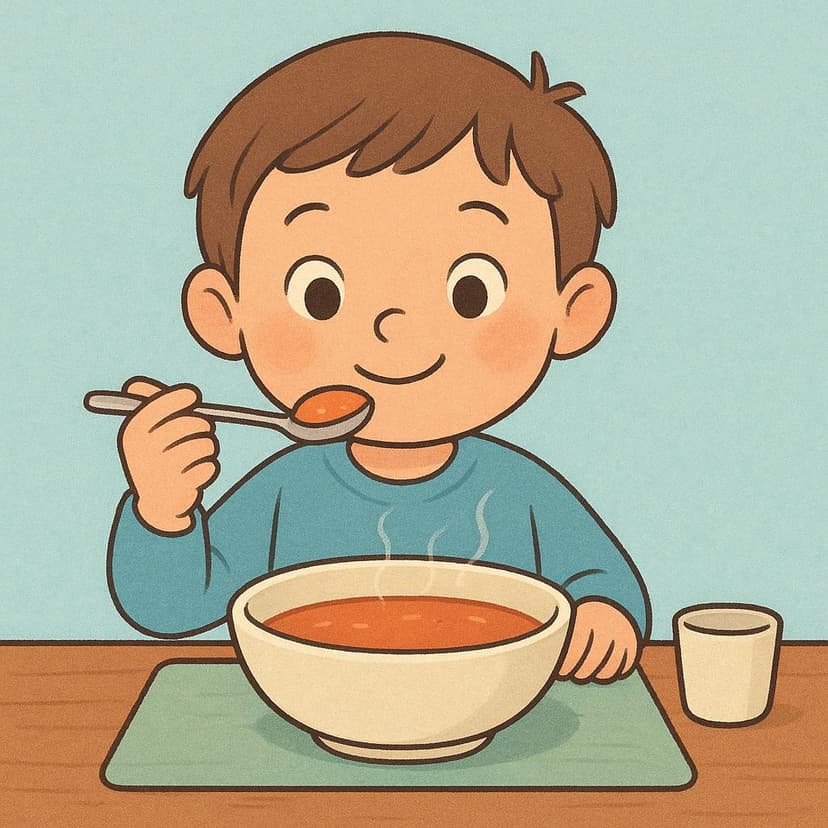 A child happily tasting a spoonful of brightly colored soup from a bowl.