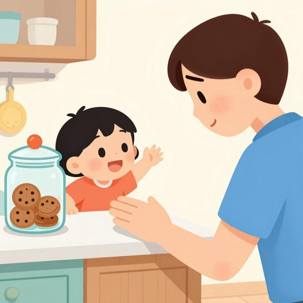 A child reaching for a cookie jar while an adult gently holds their hand back and shakes their head.