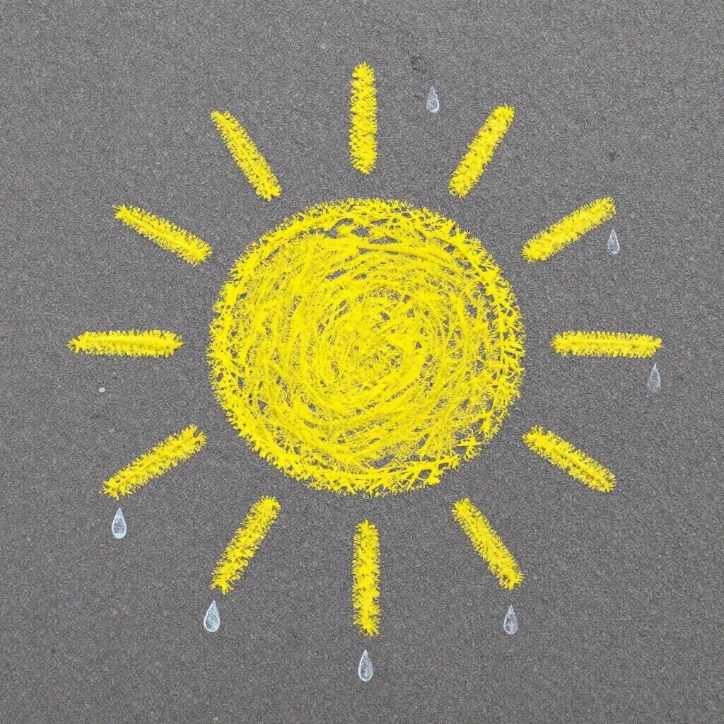 A child's colorful chalk drawing of a sun on a sidewalk, partially faded by a few raindrops.