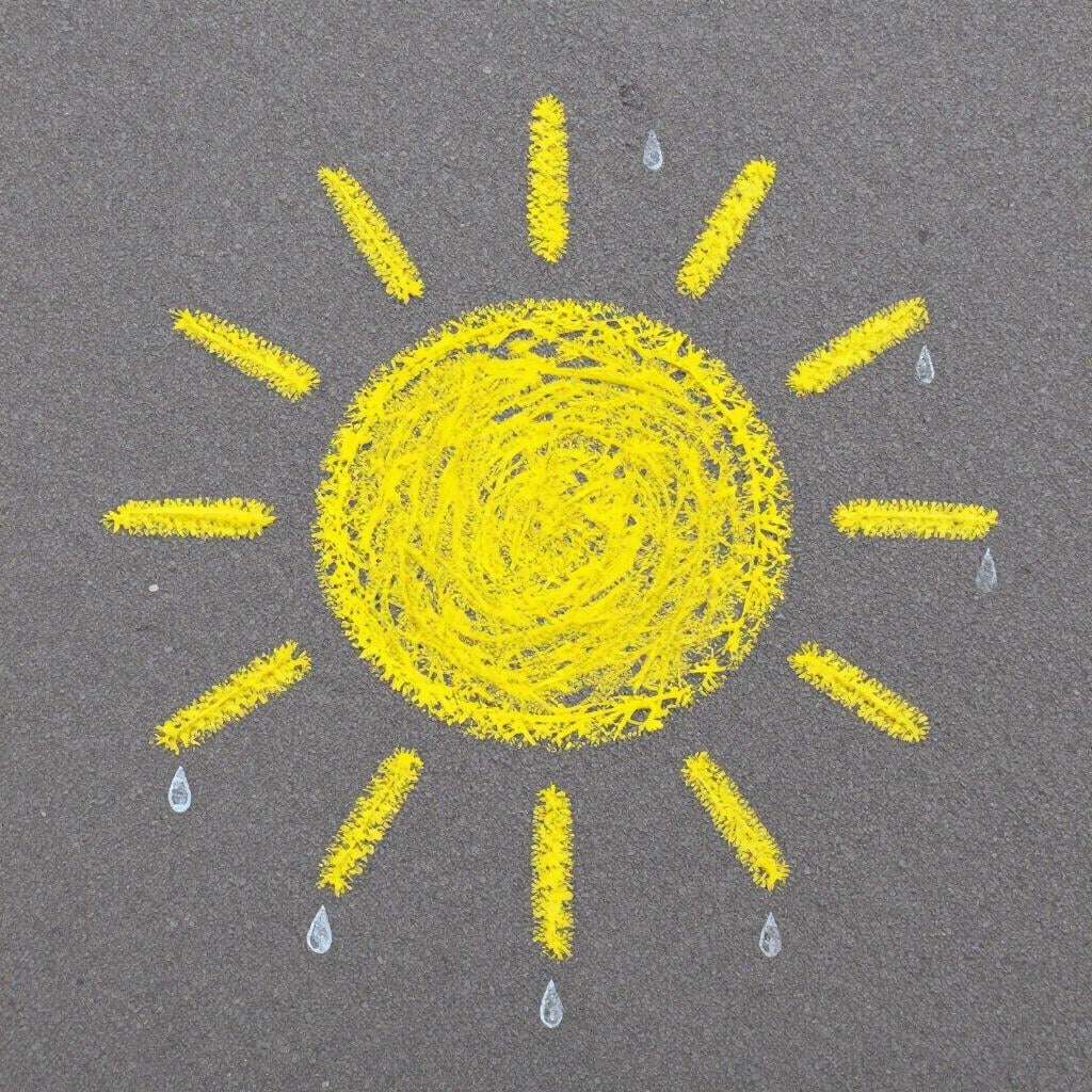 Eine bunte Kreidezeichnung einer Sonne auf einem Bürgersteig, teilweise von einigen Regentropfen verblasst.