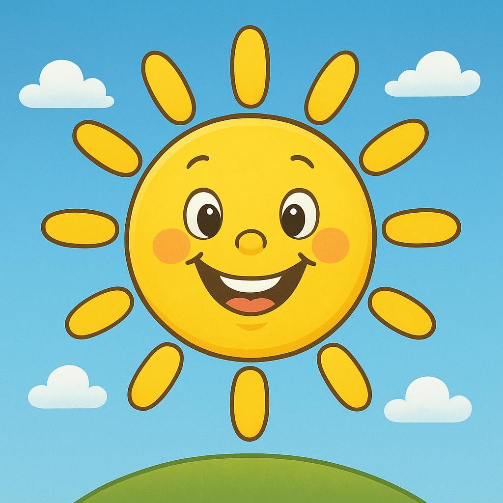A simple, bright storybook illustration of a large, friendly yellow sun with a joyful, wide smile.