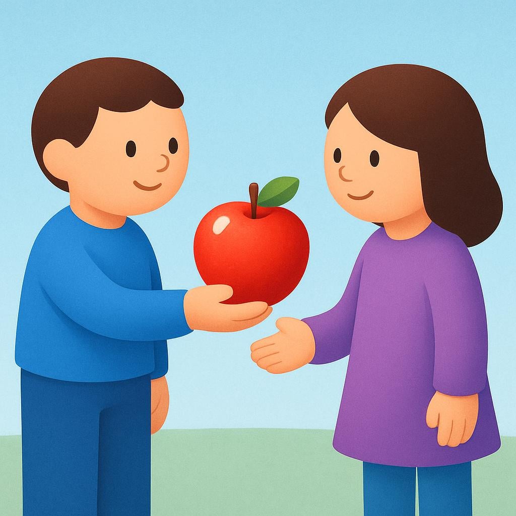 Two simplified figures exchanging an object, specifically one figure is handing a bright red apple to the other, illustrating the concept of giving or transferring possession.