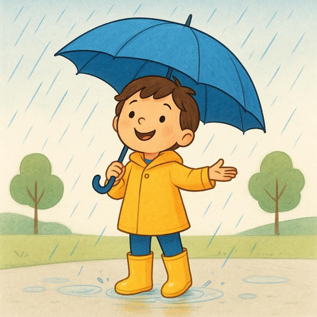 A smiling child wearing bright yellow rain boots and holding a blue umbrella stands happily in a light rain shower, depicting suitable gear for the weather.