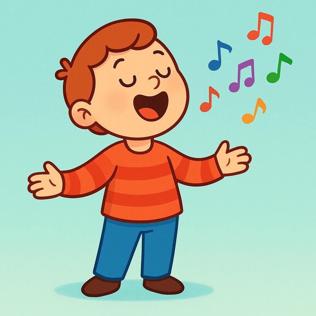 A simple, cheerful, stylized character standing and singing loudly, with small musical notes floating out of their open mouth.