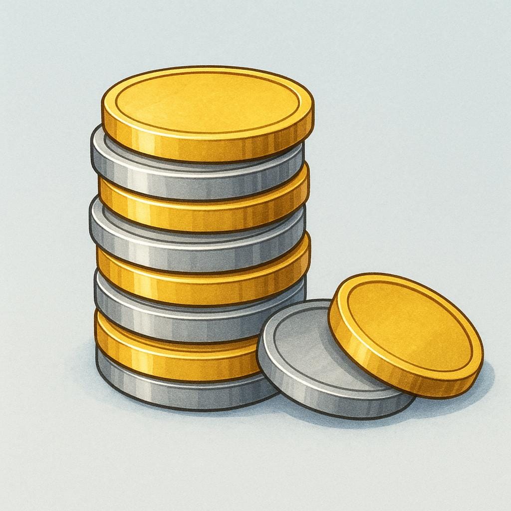 A small pile of shiny gold and silver metal coins stacked neatly on a surface.