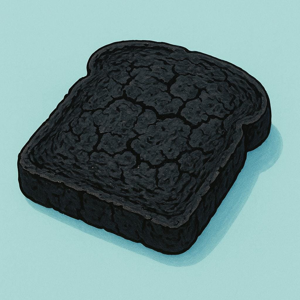 A single slice of toast that is completely blackened and charred due to excessive heat, illustrating physical damage.