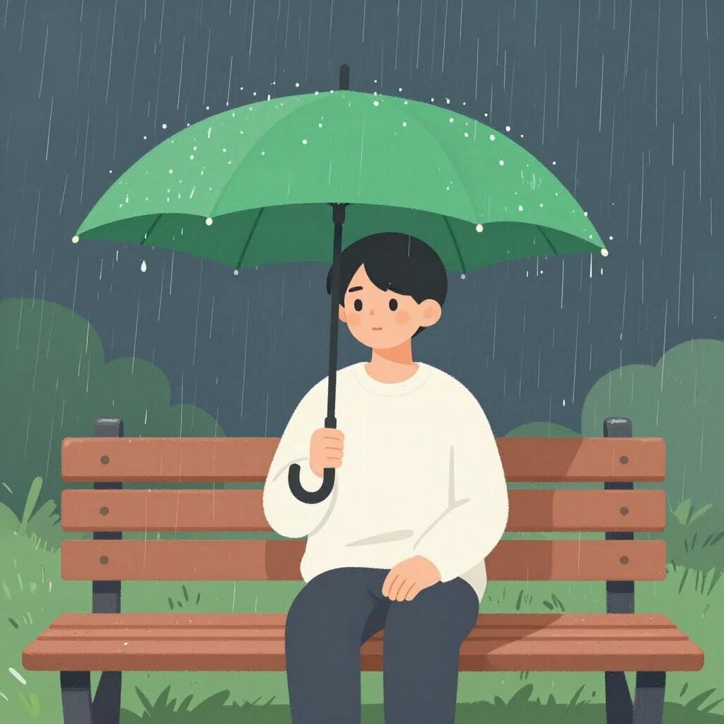 A person sitting peacefully on a bench in the rain, holding an umbrella with a calm expression.
