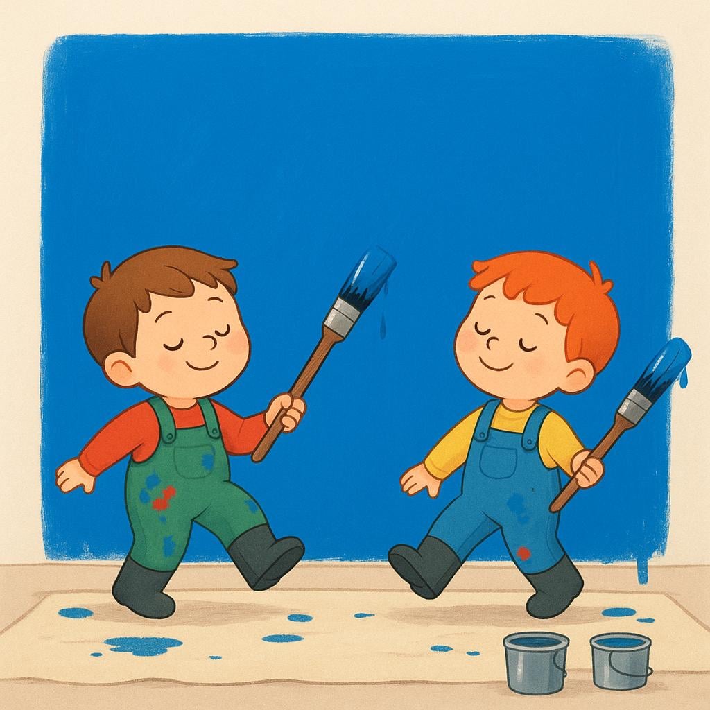 Two people holding wet paintbrushes, stepping immediately backward away from a freshly and completely painted, vibrant blue wall, looking satisfied.