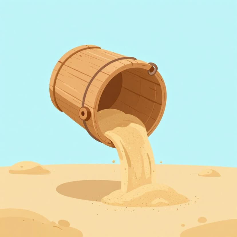 Uma criança virando um pequeno balde de madeira de cabeça para baixo para deixar a areia cair numa praia.
