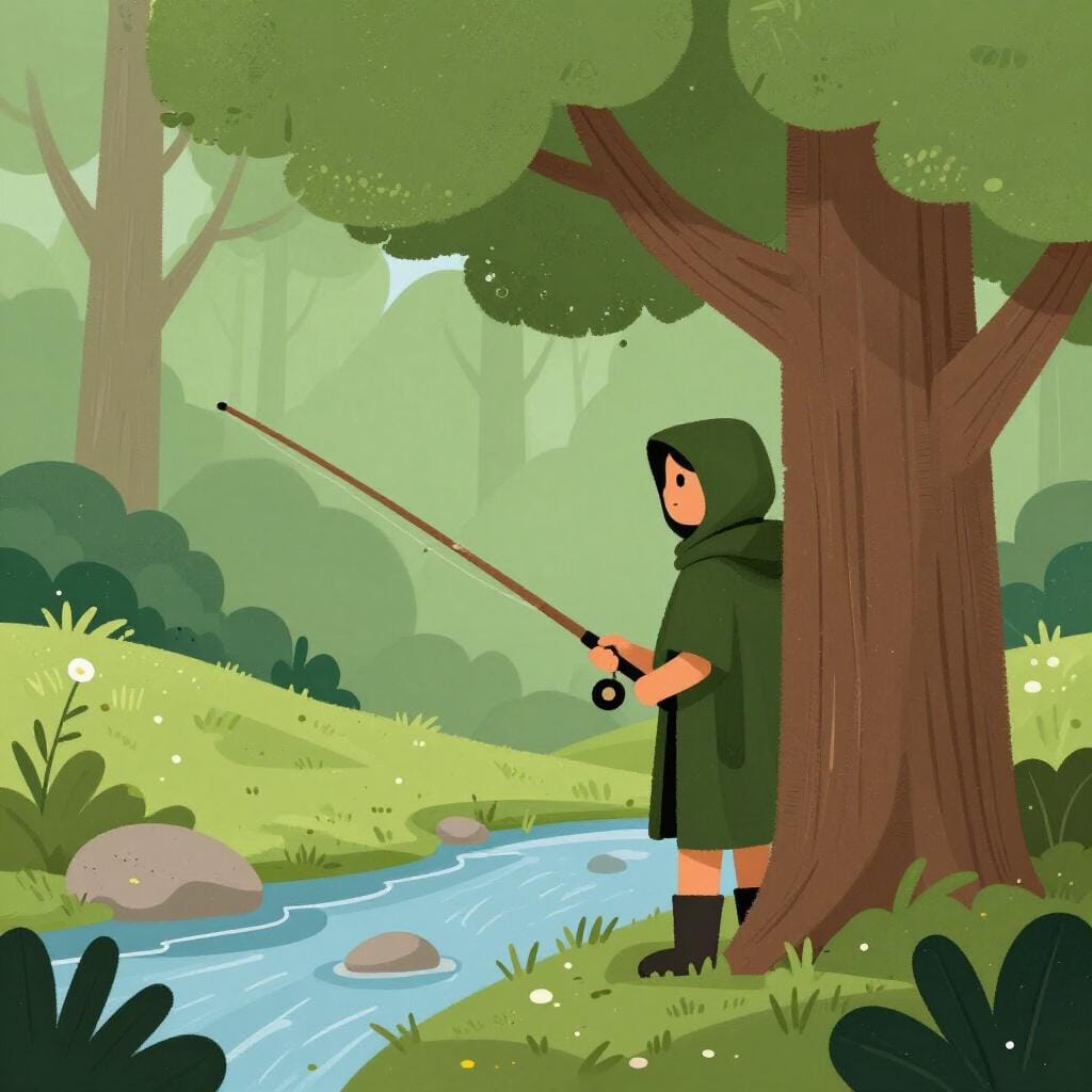 Eine Person in einem dunkelgrünen Umhang, die sich hinter einem großen Baum im Wald versteckt und eine Angel über einem Bach hält.