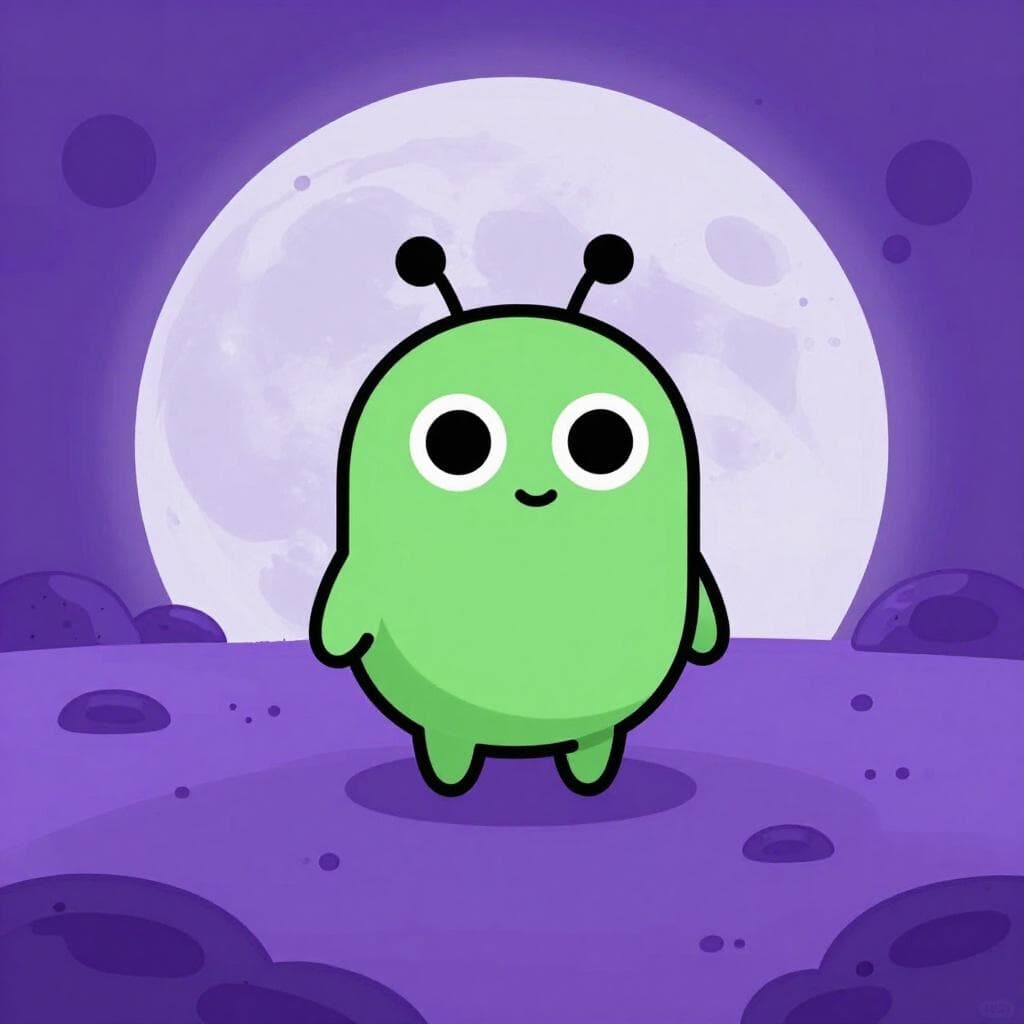 A friendly green creature with large eyes and antennae standing on a purple planet.