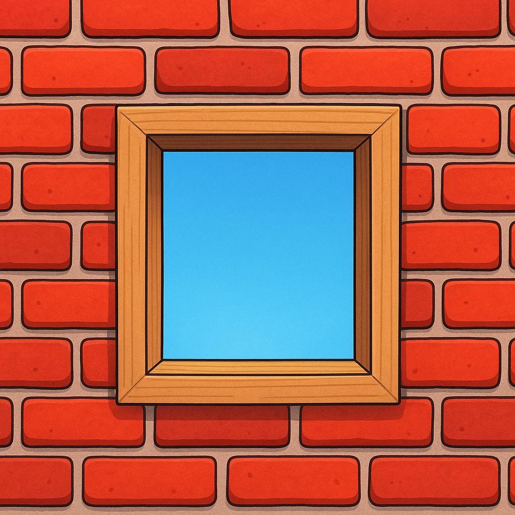 A thick red brick wall containing a simple, empty rectangular wooden frame that acts as an opening, revealing a bright blue sky beyond.