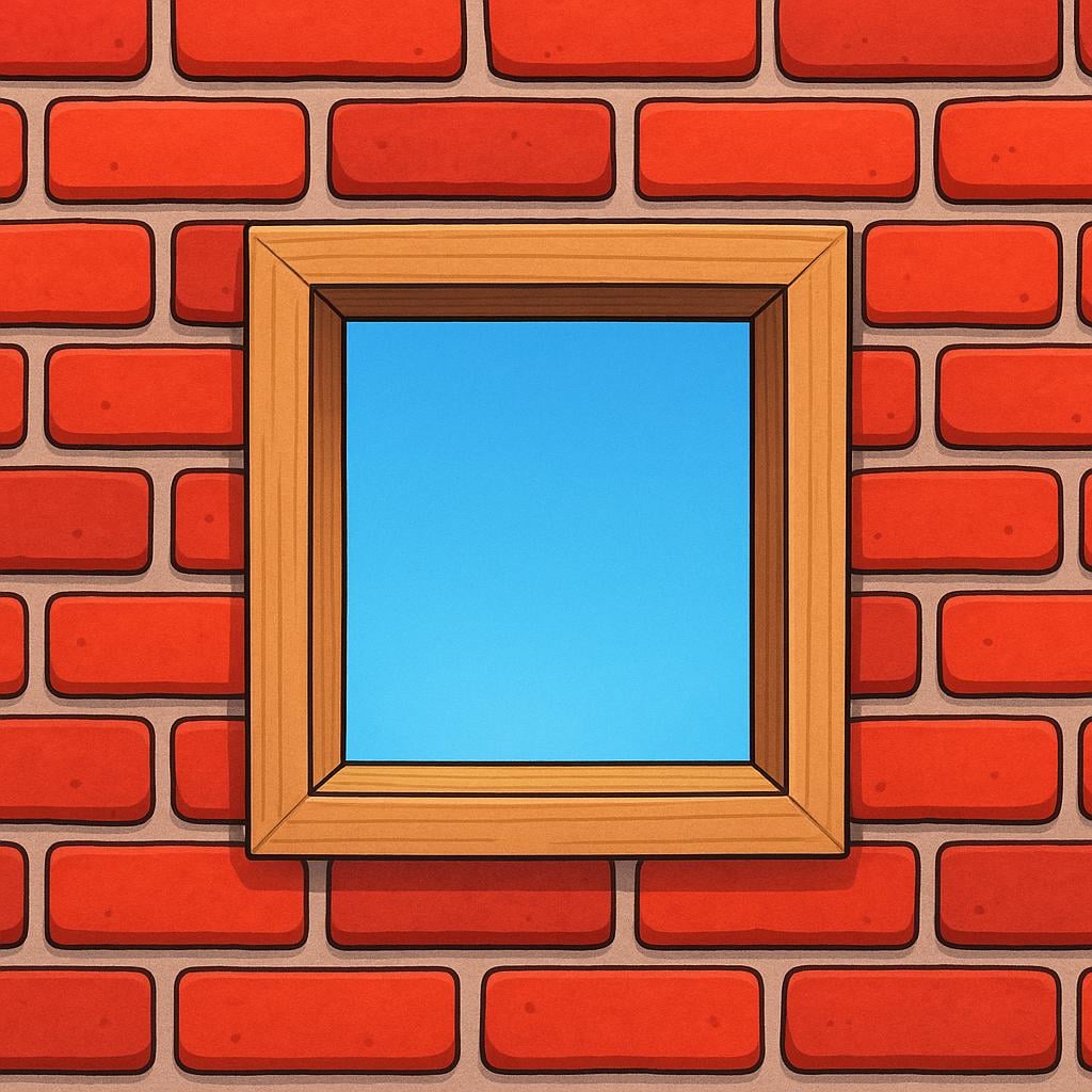 A thick red brick wall containing a simple, empty rectangular wooden frame that acts as an opening, revealing a bright blue sky beyond.