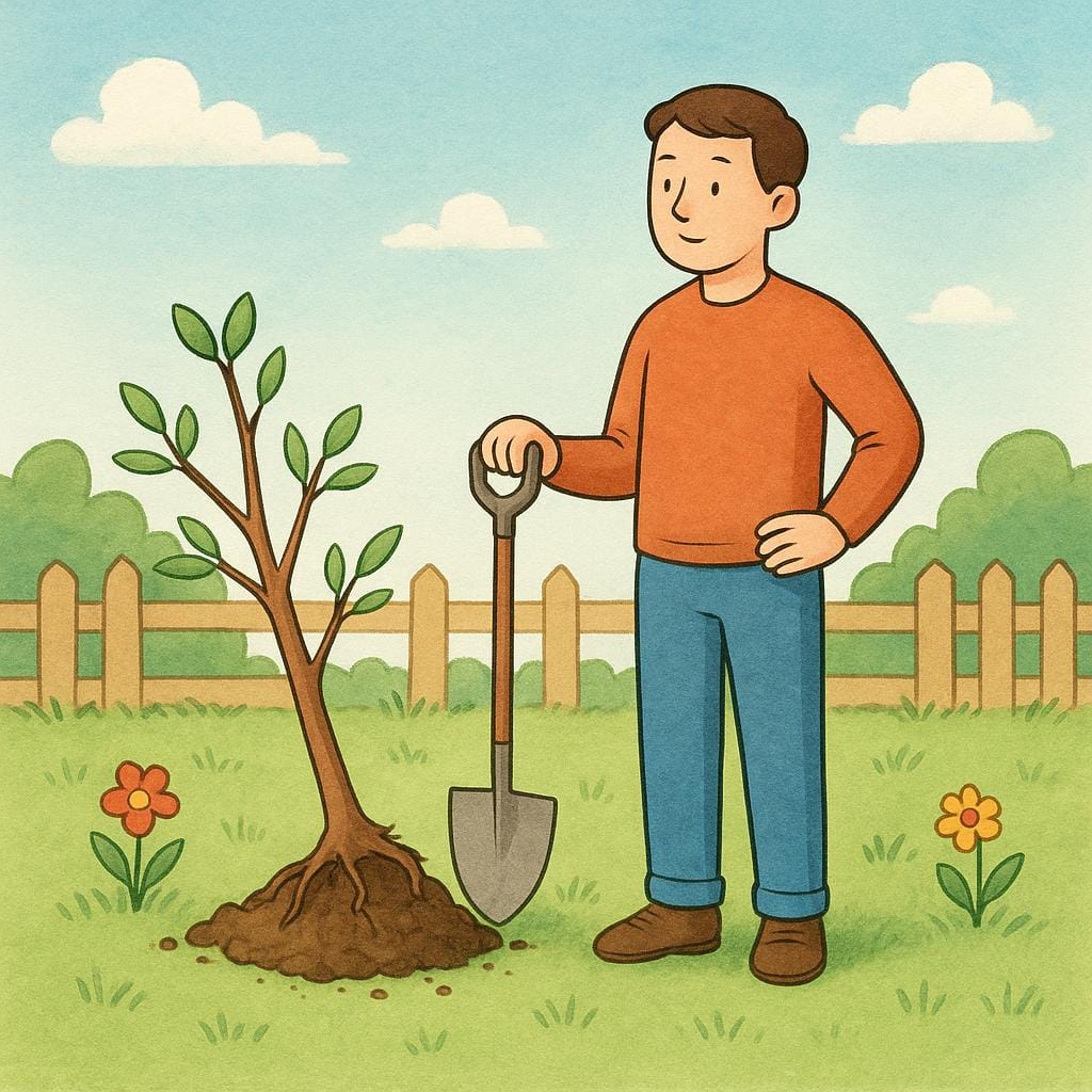 A character stands calmly next to a small fallen tree, holding a shovel, accepting the difficult task of cleaning up the consequence.