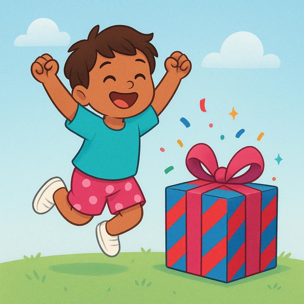 A colorful storybook illustration showing a child jumping high in the air with a huge smile and wide eyes, clearly excited, next to a large, brightly wrapped gift box.