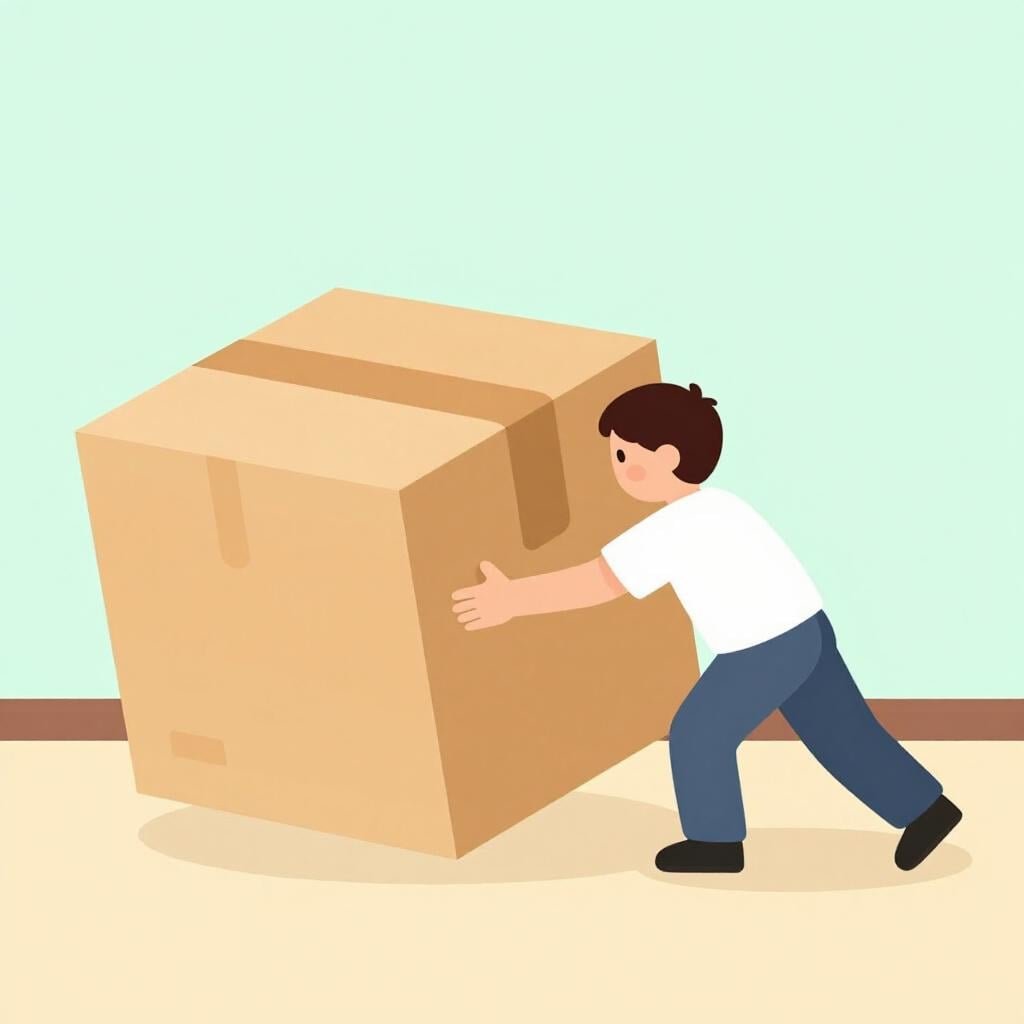 A person pushing a large wooden crate across a wooden floor.