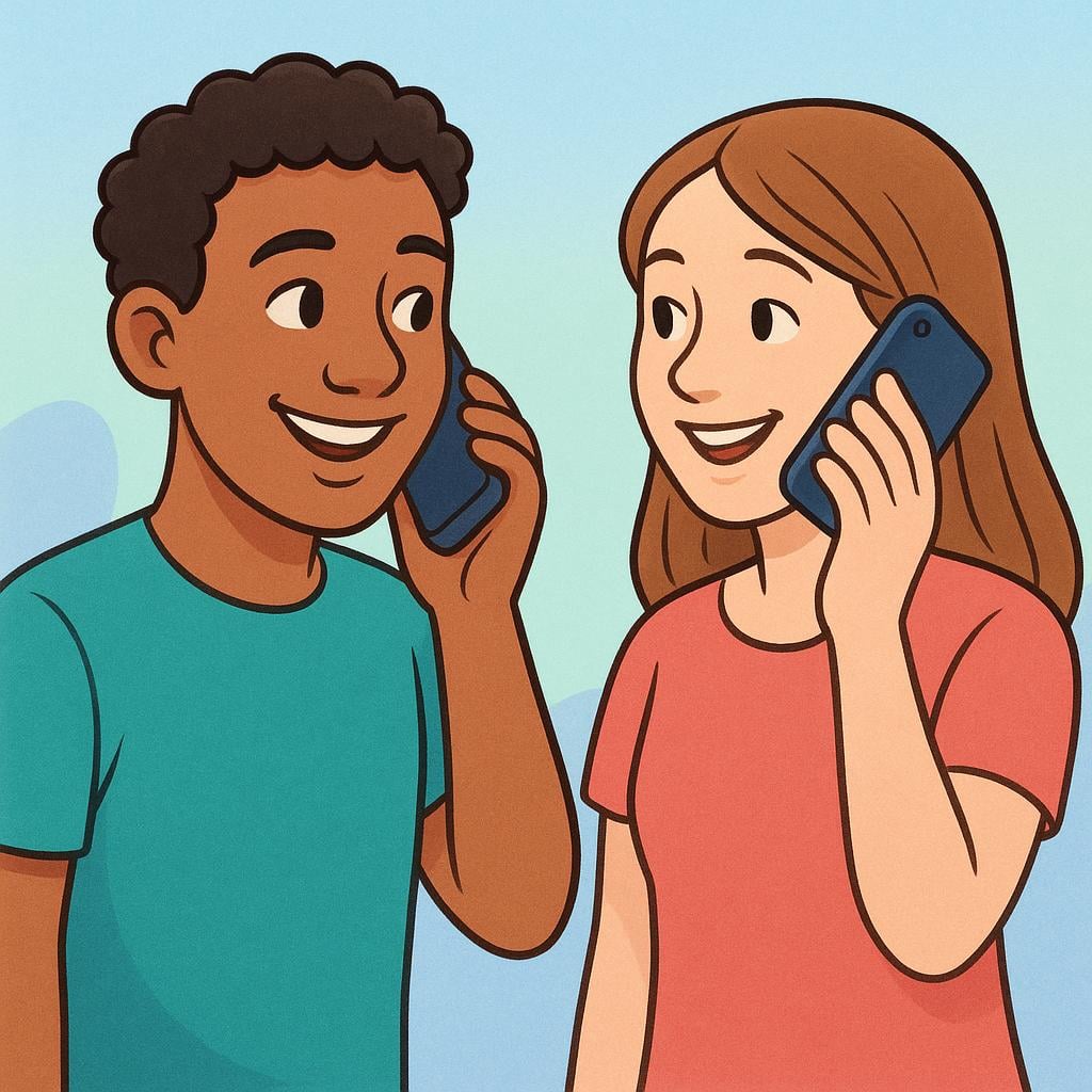 Two friendly people smiling while holding cell phones to their ears, engaged in a conversation, illustrating 'we will call' by telephone.