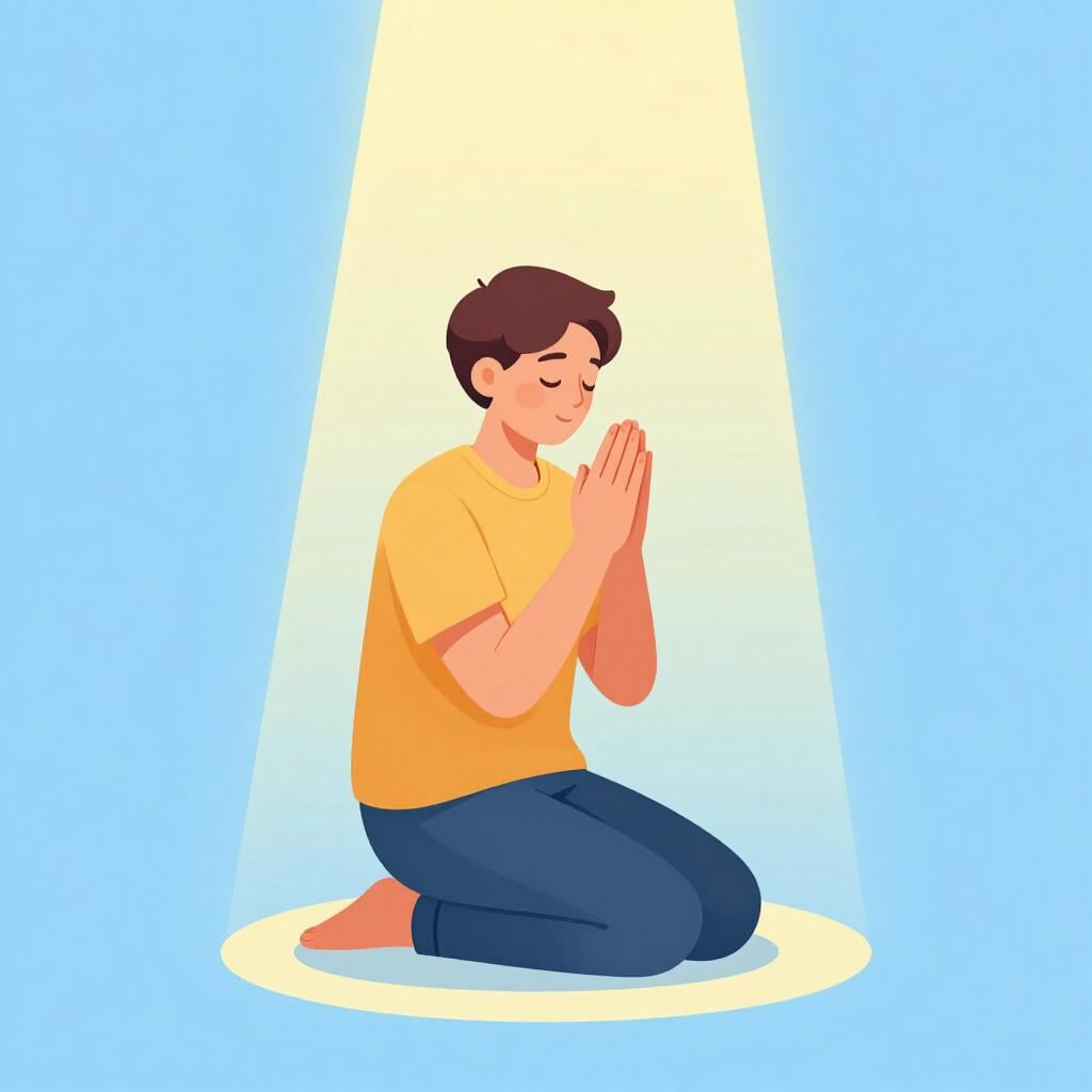 A person kneeling with hands clasped in prayer, bathed in a soft, warm light from above.