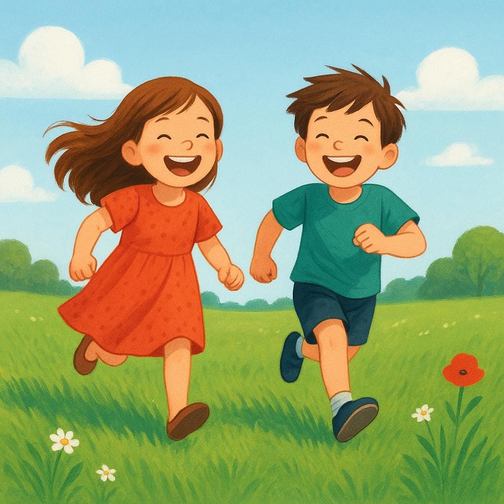 Un'illustrazione gioiosa di due bambini che corrono e ridono felicemente in un campo verde soleggiato.