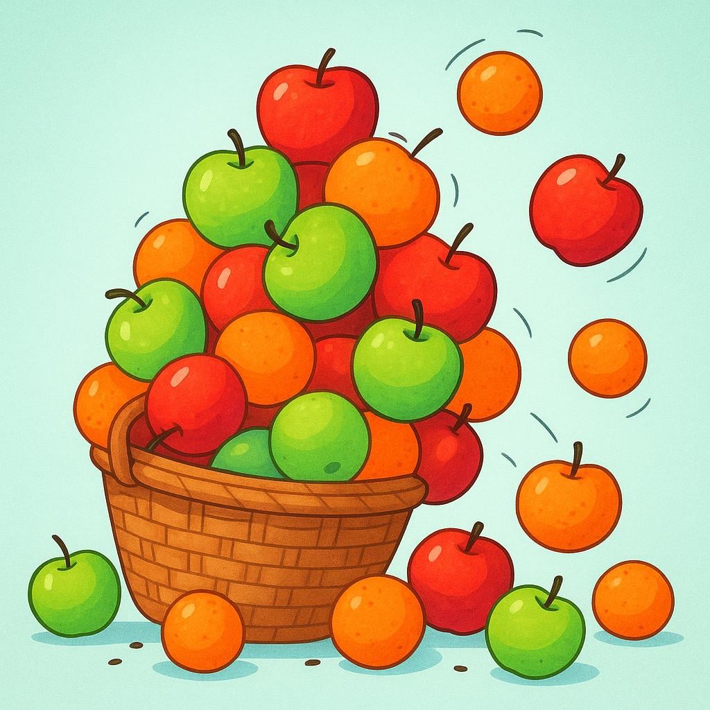A small, simple woven basket completely overflowing with a massive, colorful pile of apples and oranges, symbolizing too much quantity.