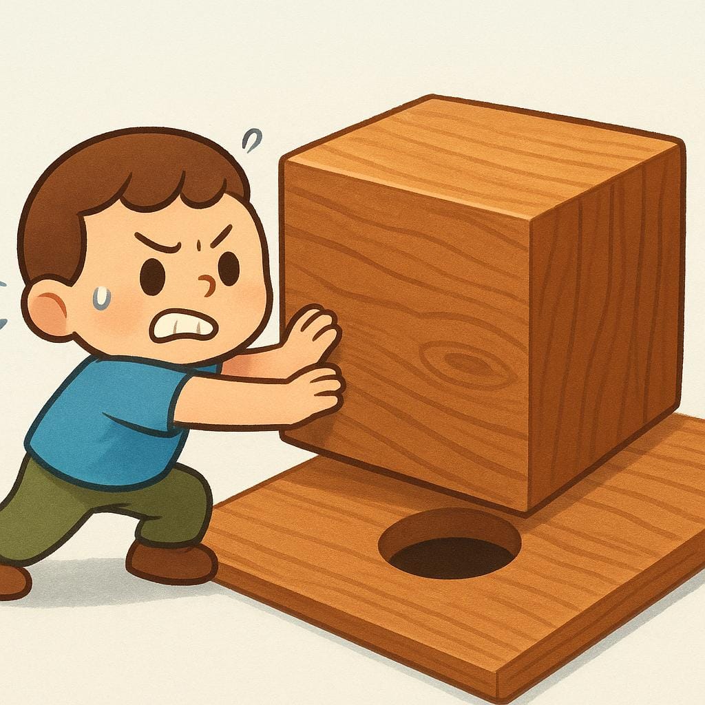 Een stripboekillustratie van een gefrustreerd personage dat probeert een groot vierkant houten blok met geweld in een klein rond gat in een houten plank te duwen, wat een zinloze actie uitbeeldt.