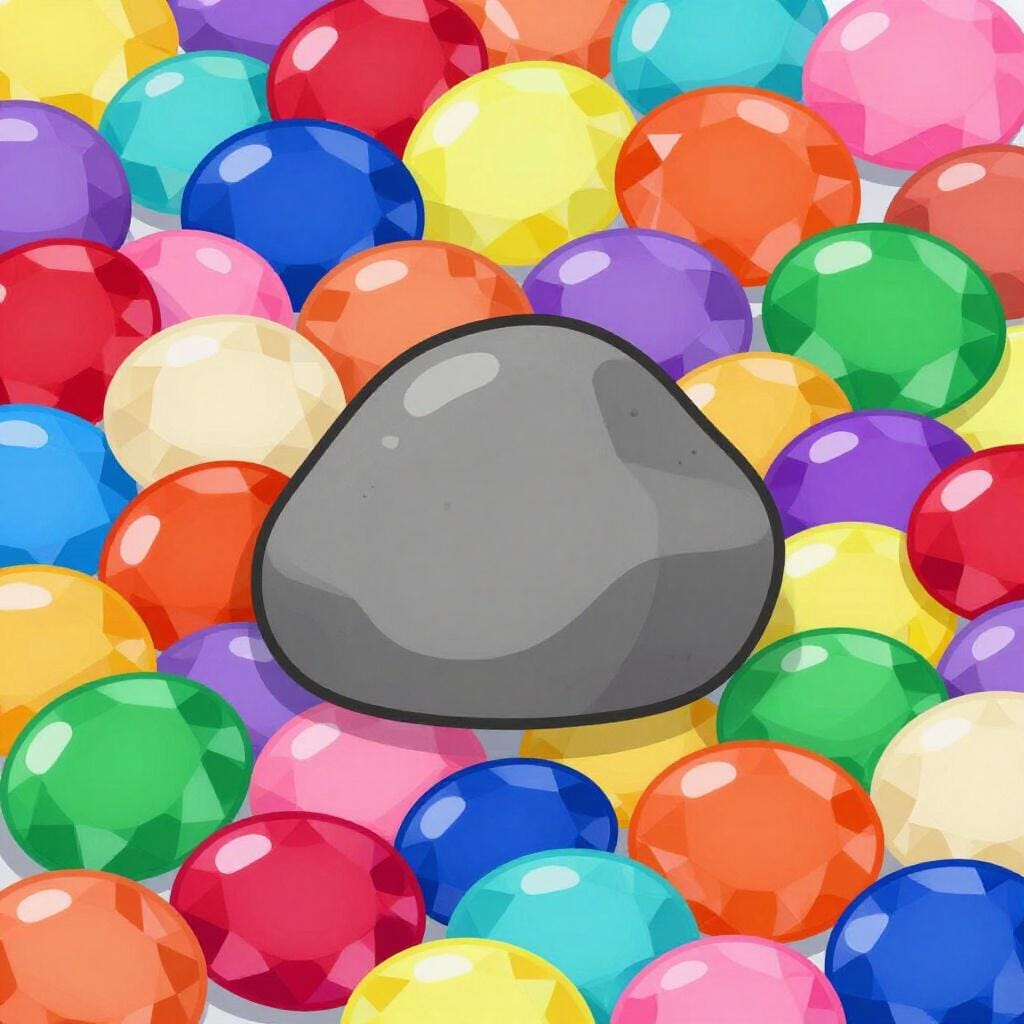 A simple drawing of a single small, plain gray stone sitting among several large, shiny, colorful gemstones.