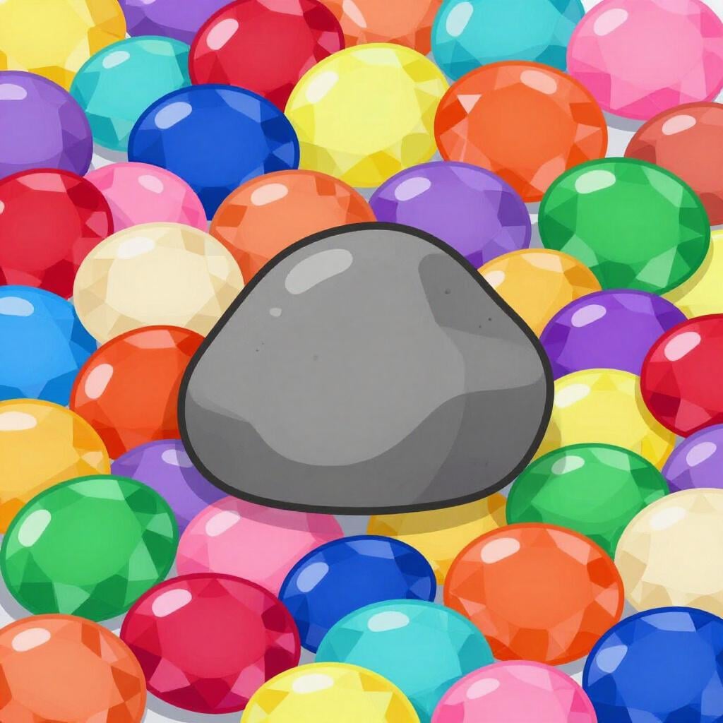 A simple drawing of a single small, plain gray stone sitting among several large, shiny, colorful gemstones.