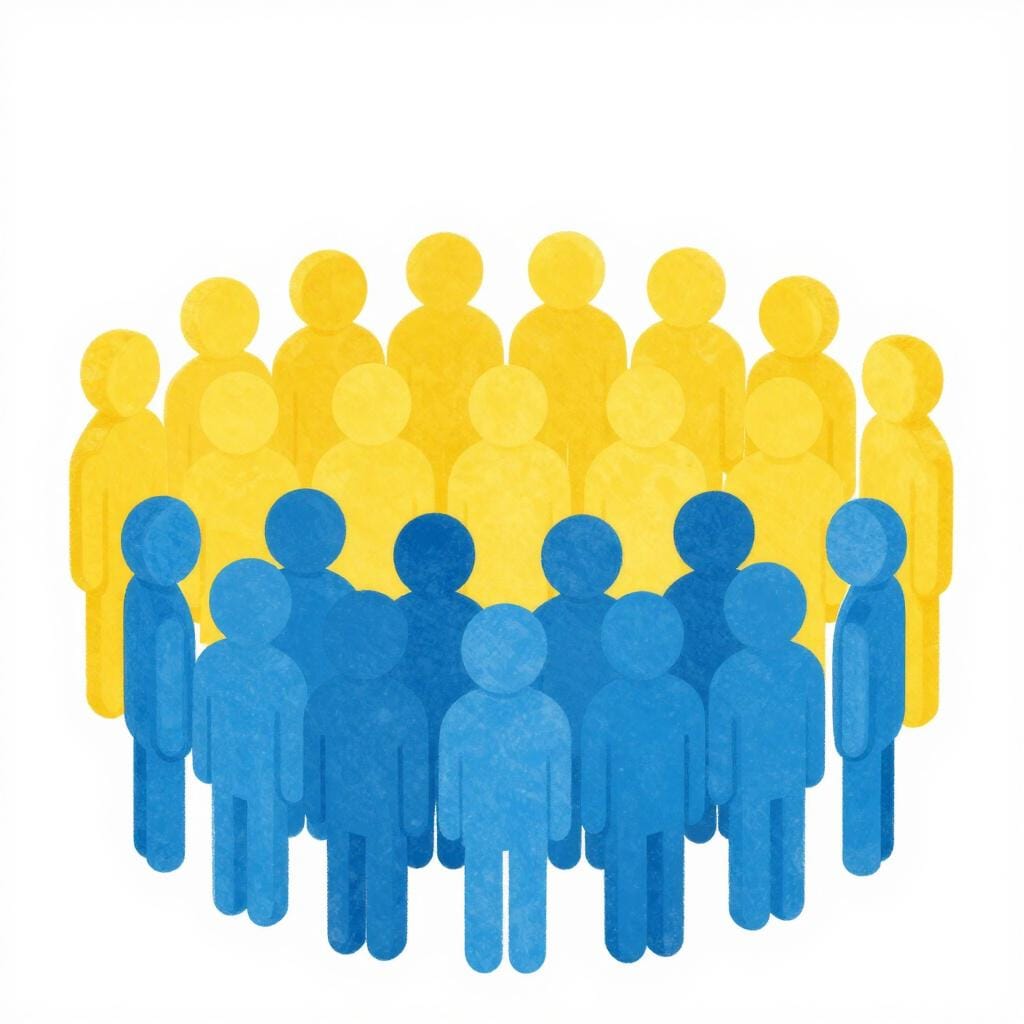 A group of blue stick figures standing together, separate from a group of yellow stick figures.