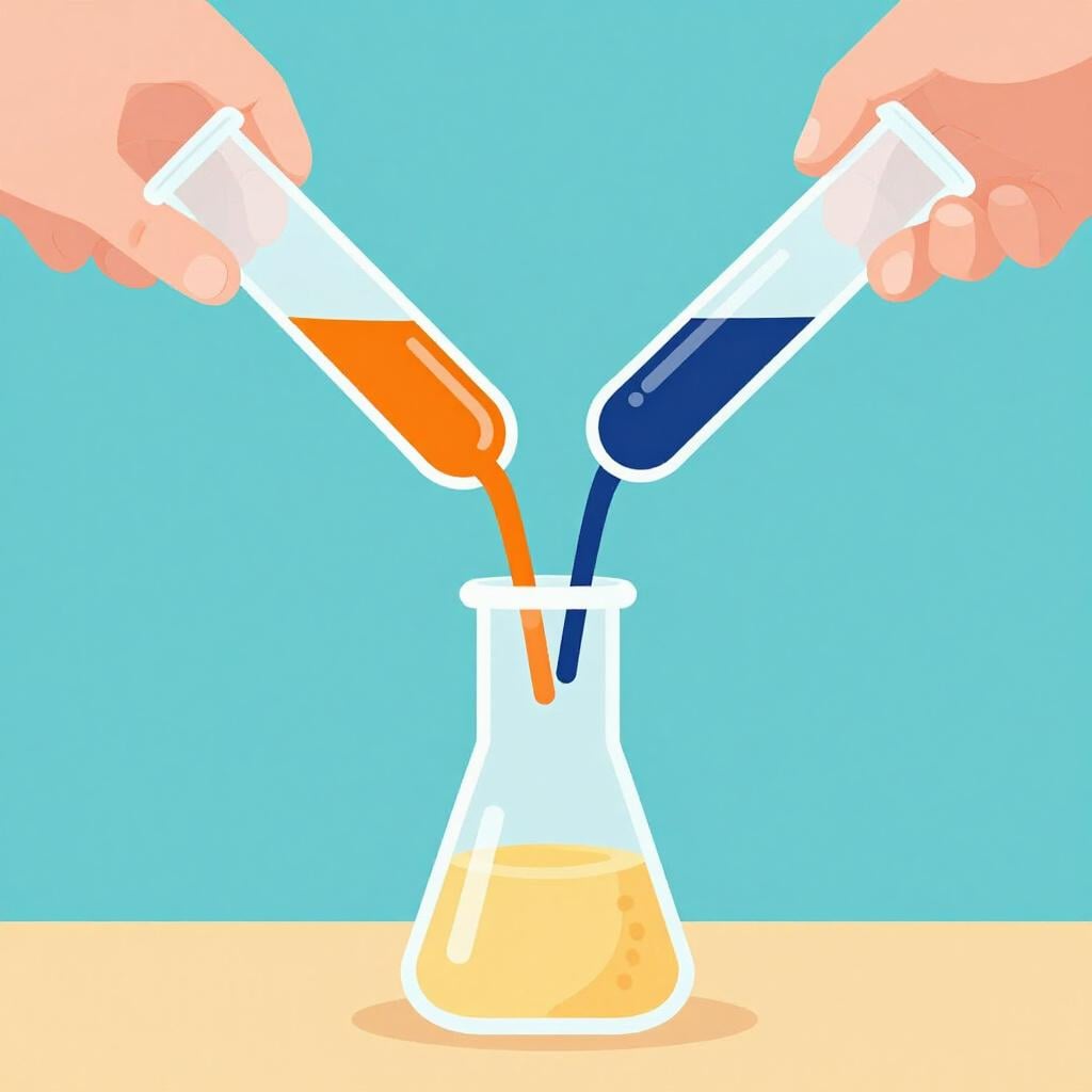 A scientist pouring a blue liquid and a yellow liquid from two test tubes into a single flask where they turn green.