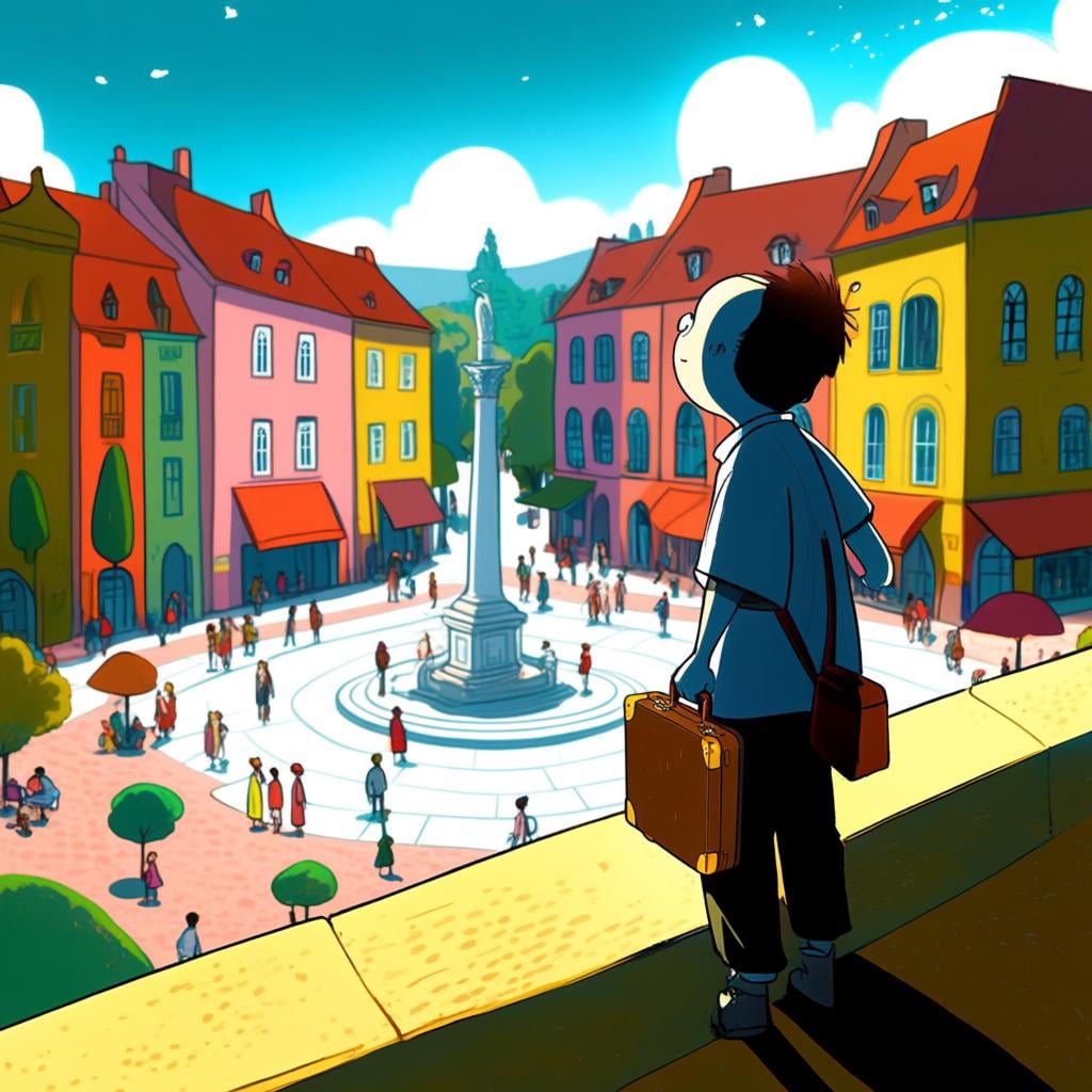 A person holding a suitcase stands hesitantly on the edge of a bustling city square, looking around curiously as a newcomer.