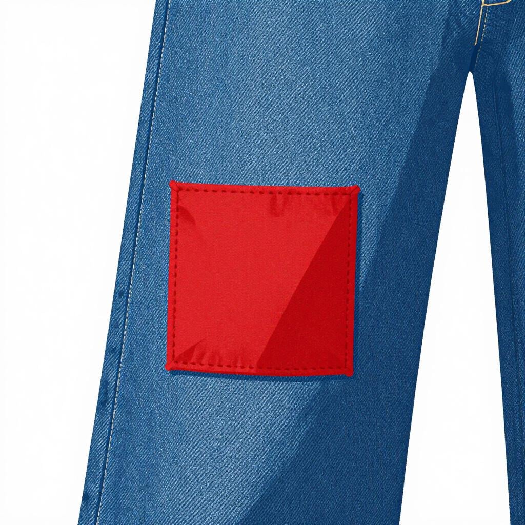 Una toppa colorata cucita sul ginocchio di un paio di jeans blu.