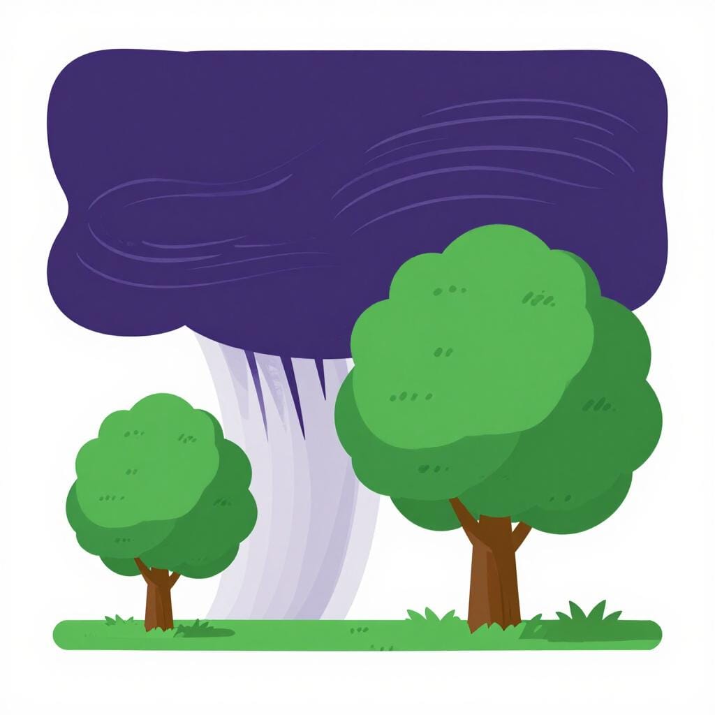 A powerful storm with dark clouds and trees bending in the wind.