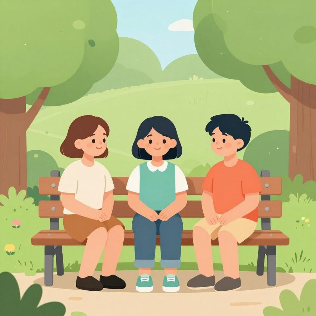 公園のベンチに座って、おしゃべりしたり笑ったりしている多様な人々。