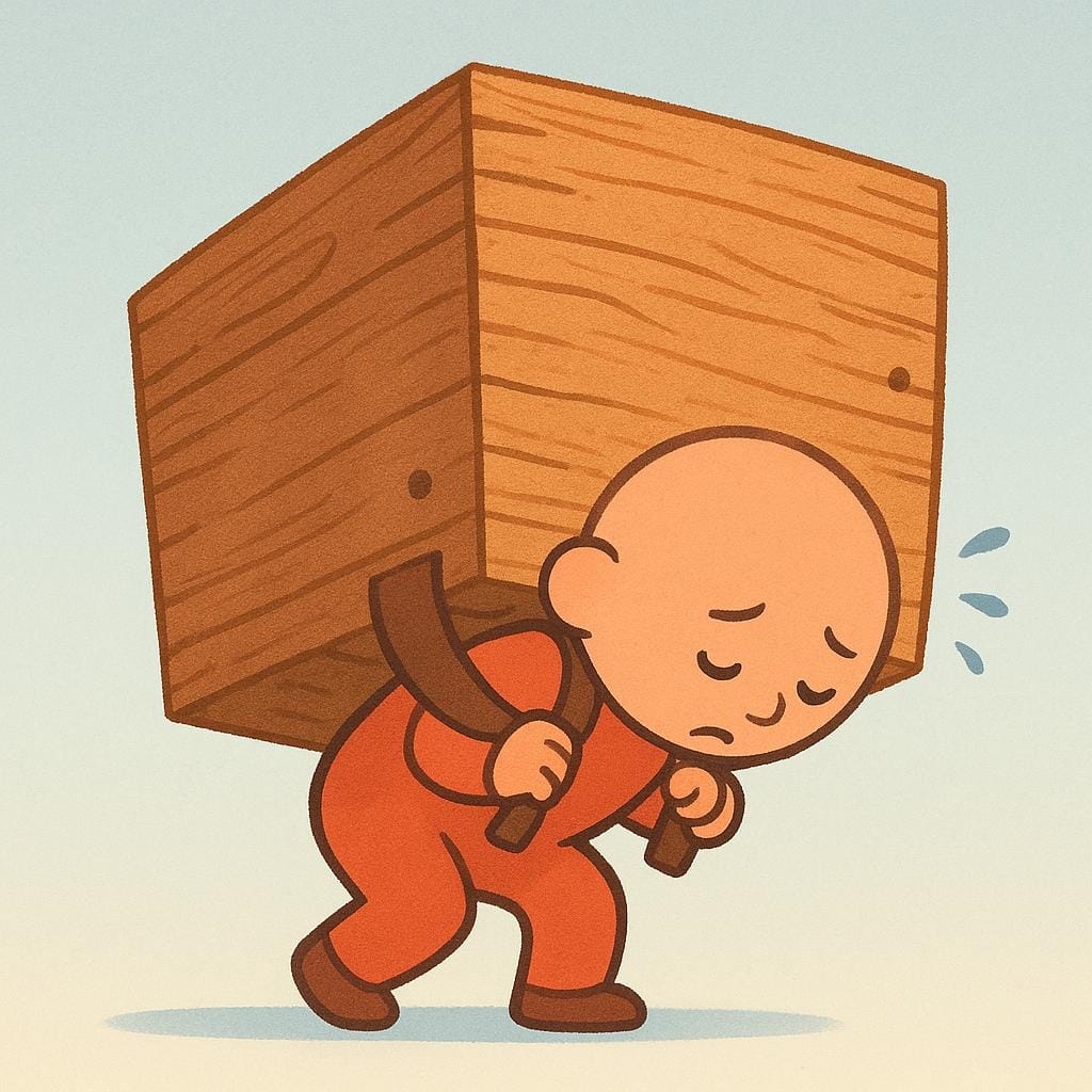 A small, simplified figure struggling to carry a disproportionately large and heavy, rough-hewn wooden box strapped to their back.