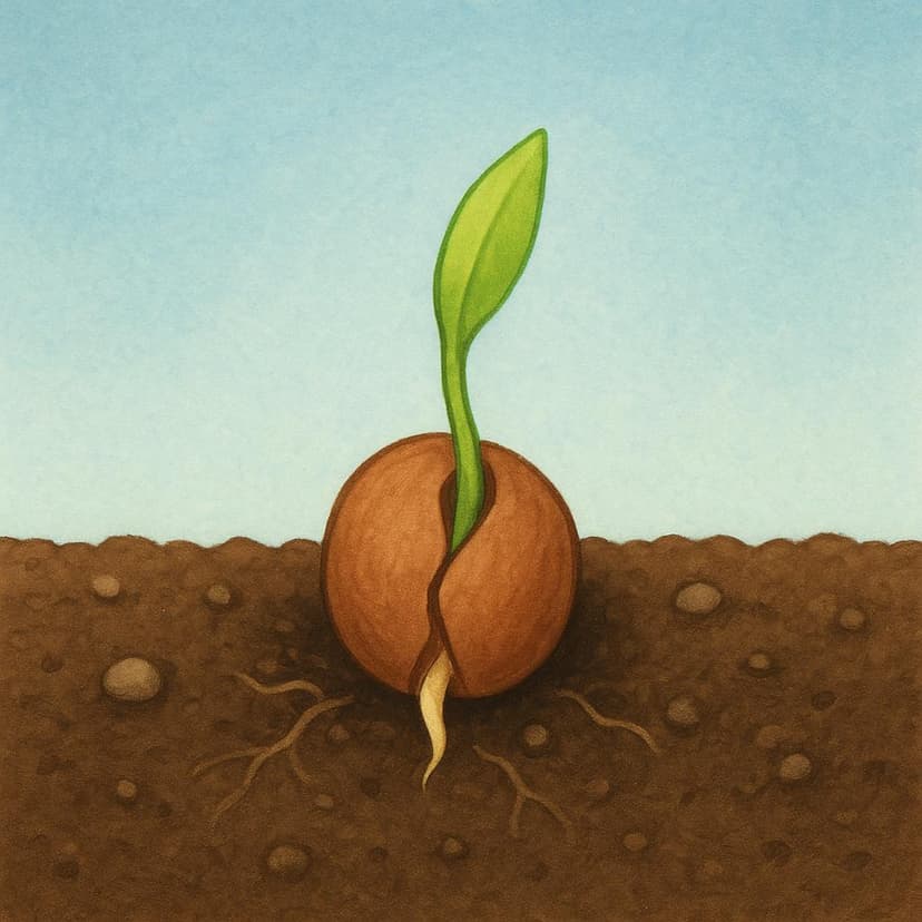 Eine Nahaufnahme von dunkler Erde mit einem kleinen braunen Samen, der beginnt zu keimen, und einem hellgrünen Trieb, der nach oben drückt, was den Beginn eines kontinuierlichen Prozesses symbolisiert.