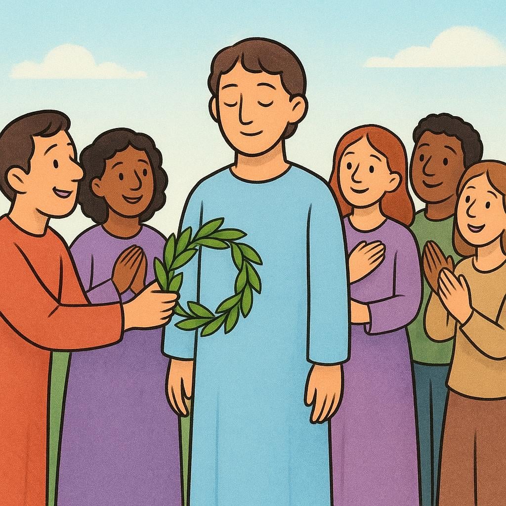 A central figure stands calmly while a small crowd watches with respectful admiration. One person is gently handing the central figure a simple, green laurel wreath.