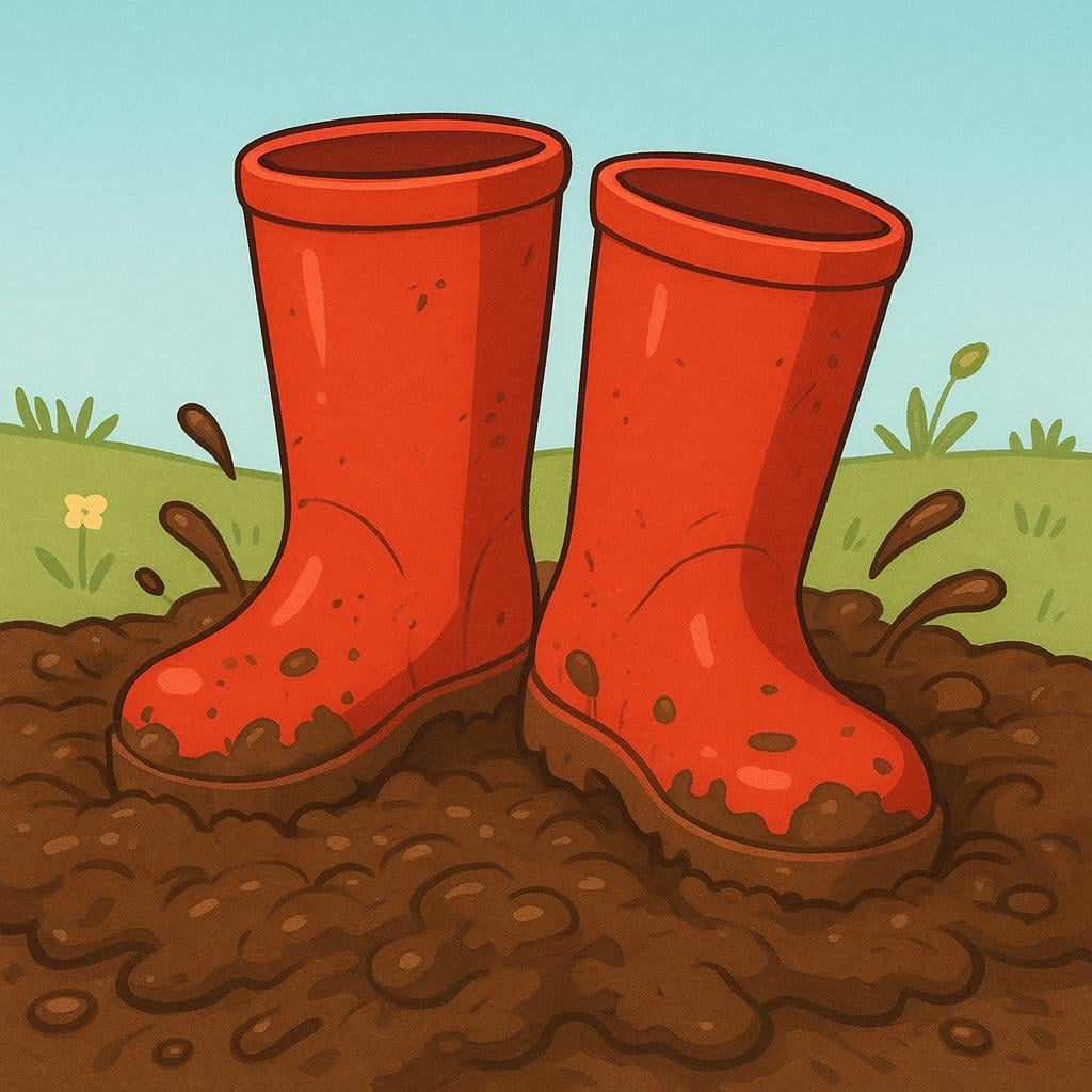 A pair of brown hiking boots completely stuck in deep, viscous brown mud, unable to move.