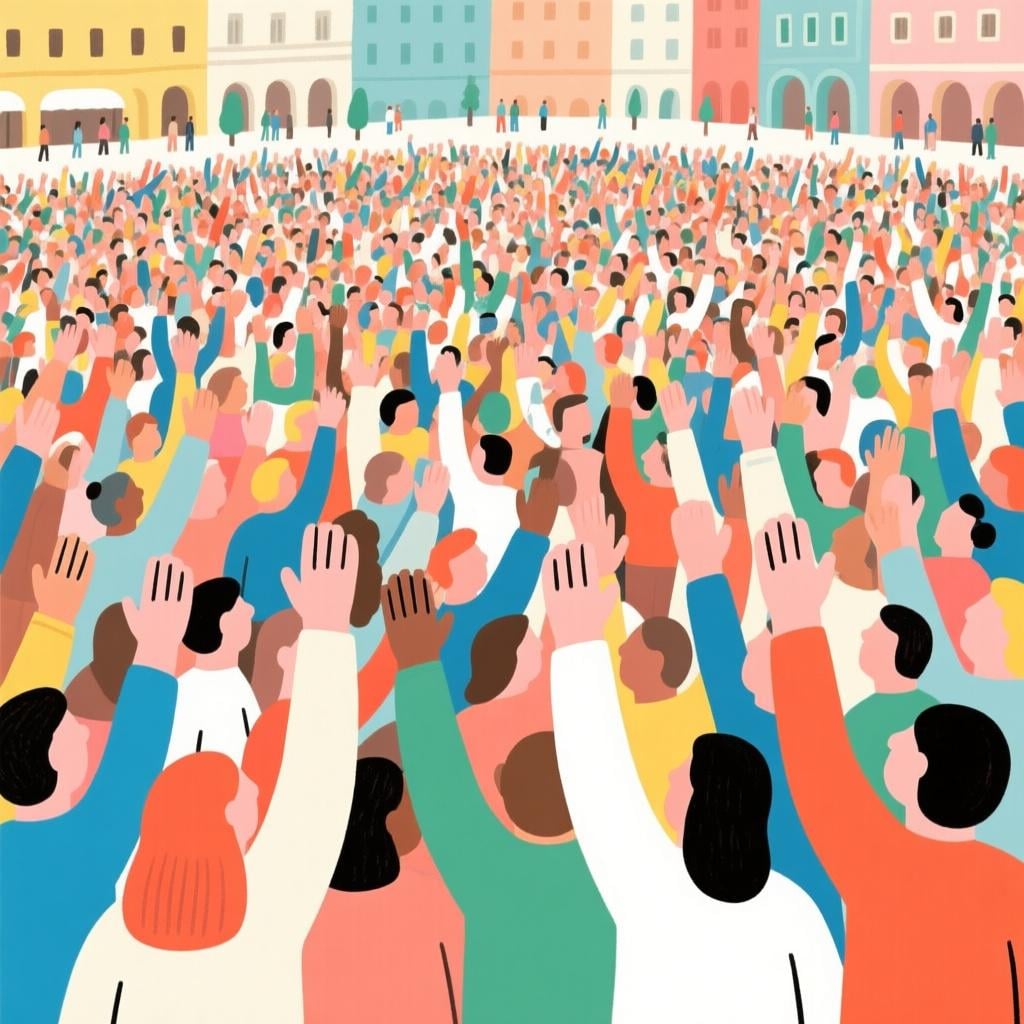 A large, dense crowd of ordinary citizens filling a public square, raising their hands to show their collective will and political power.
