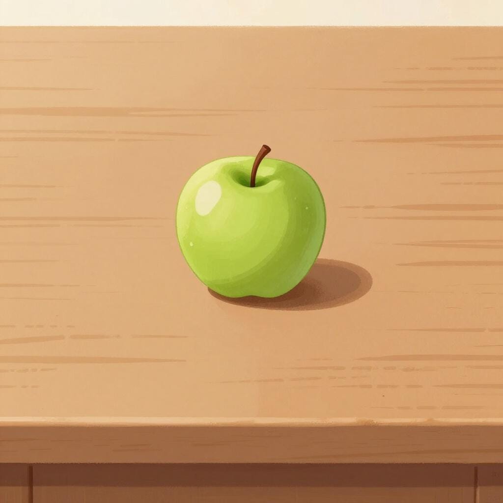 Un tavolo di legno liscio e piatto con una singola mela verde appoggiata sopra.